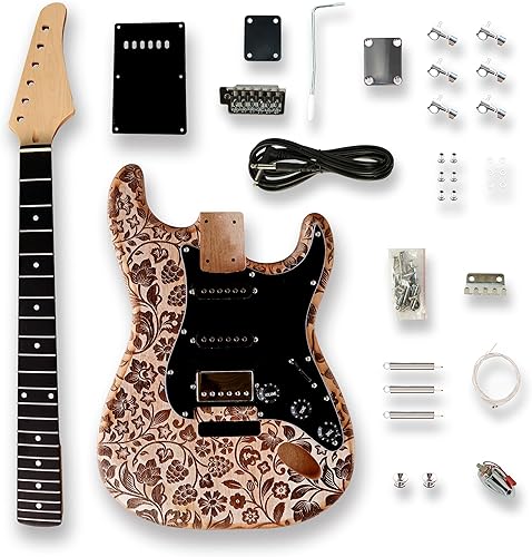 BexGears Kits de guitarra eléctrica estilo ST DIY, superficie grabada color natural cuerpo de caoba cuello de arce y diapasón de ébano compuesto