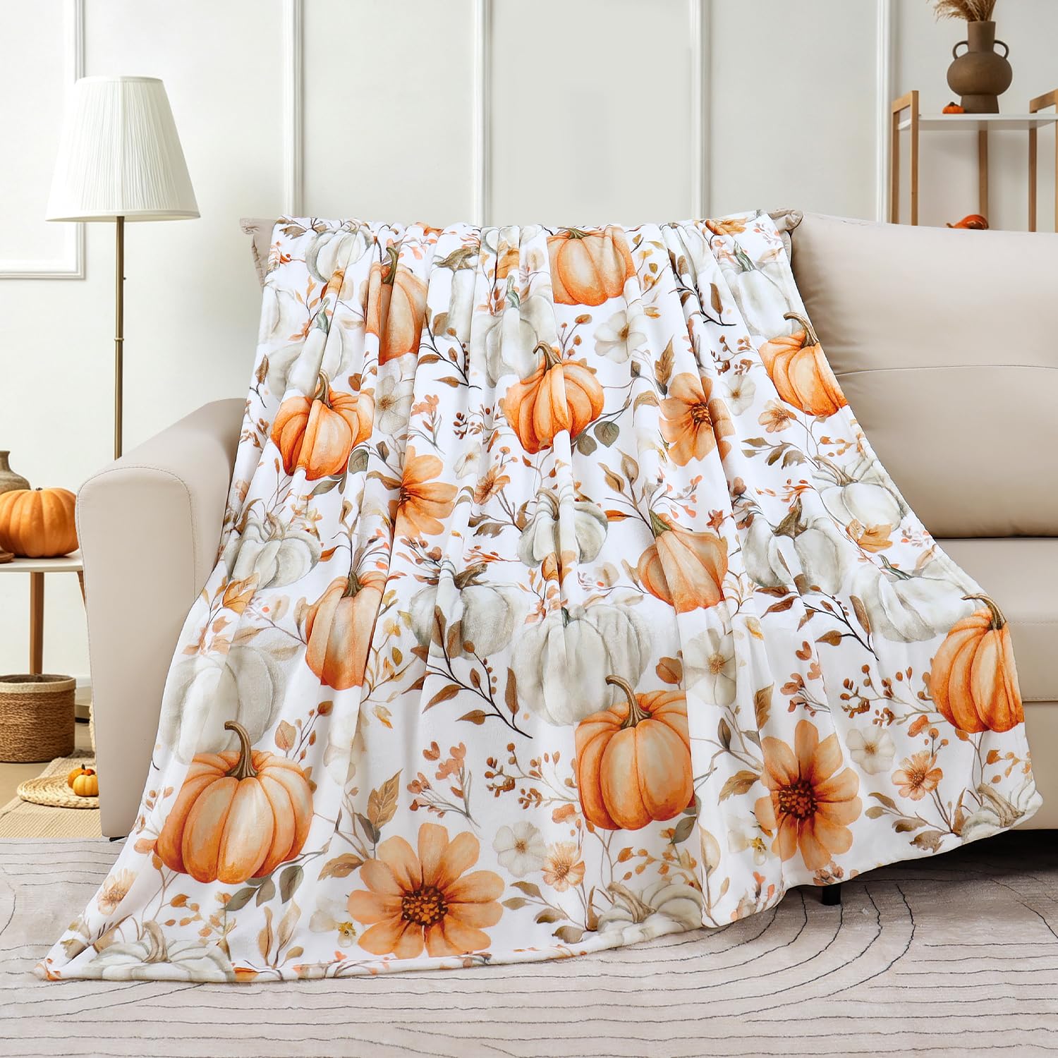 Fall Pumpkin Botanical Throw Blanket