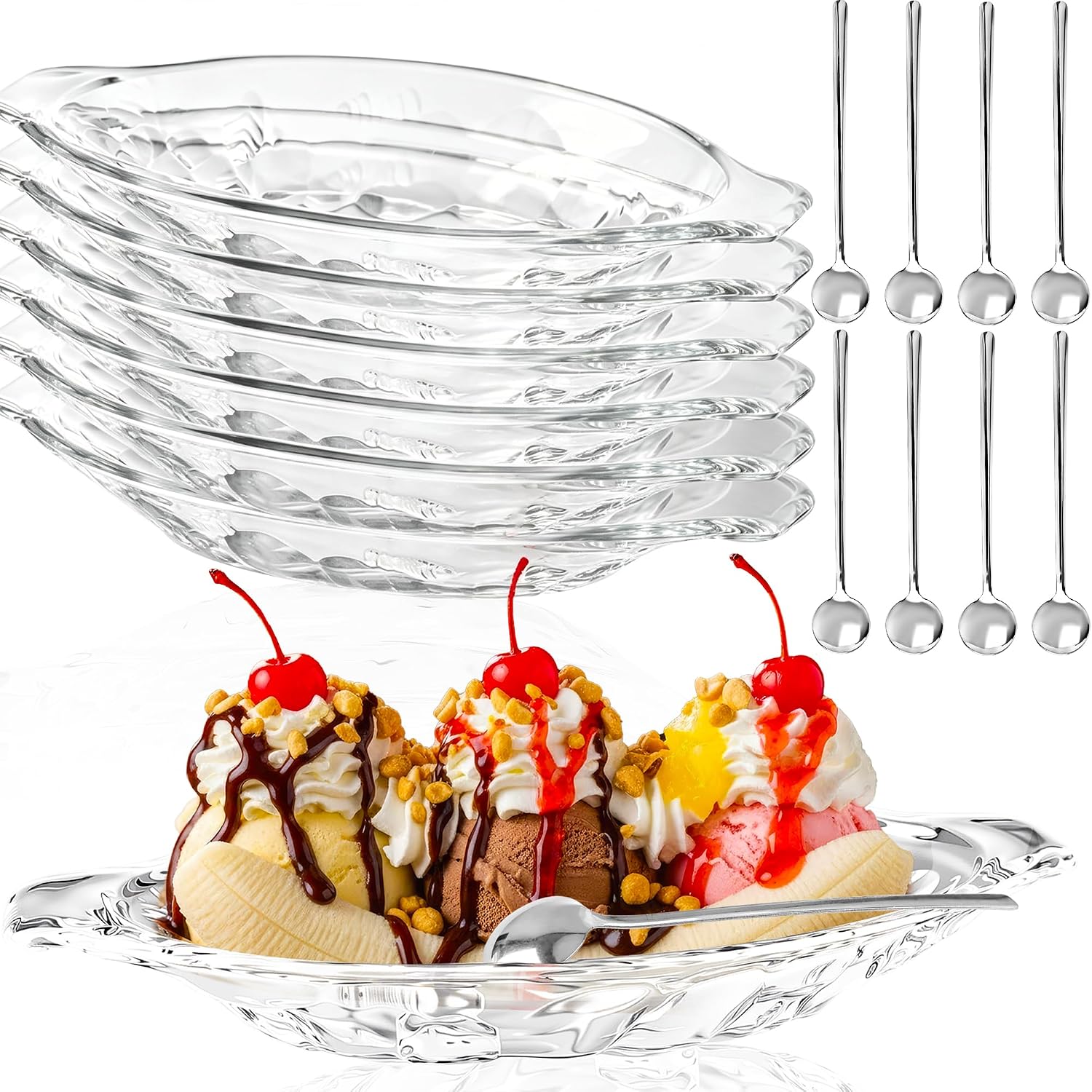 8 Set Acrylic Banana Split Dish Clear Banana Boats Serving Bowls with Steel Spoon for Ice Cream Sundae Fruits Yogurt Snack Brownies Glass Salad Plates, 8oz