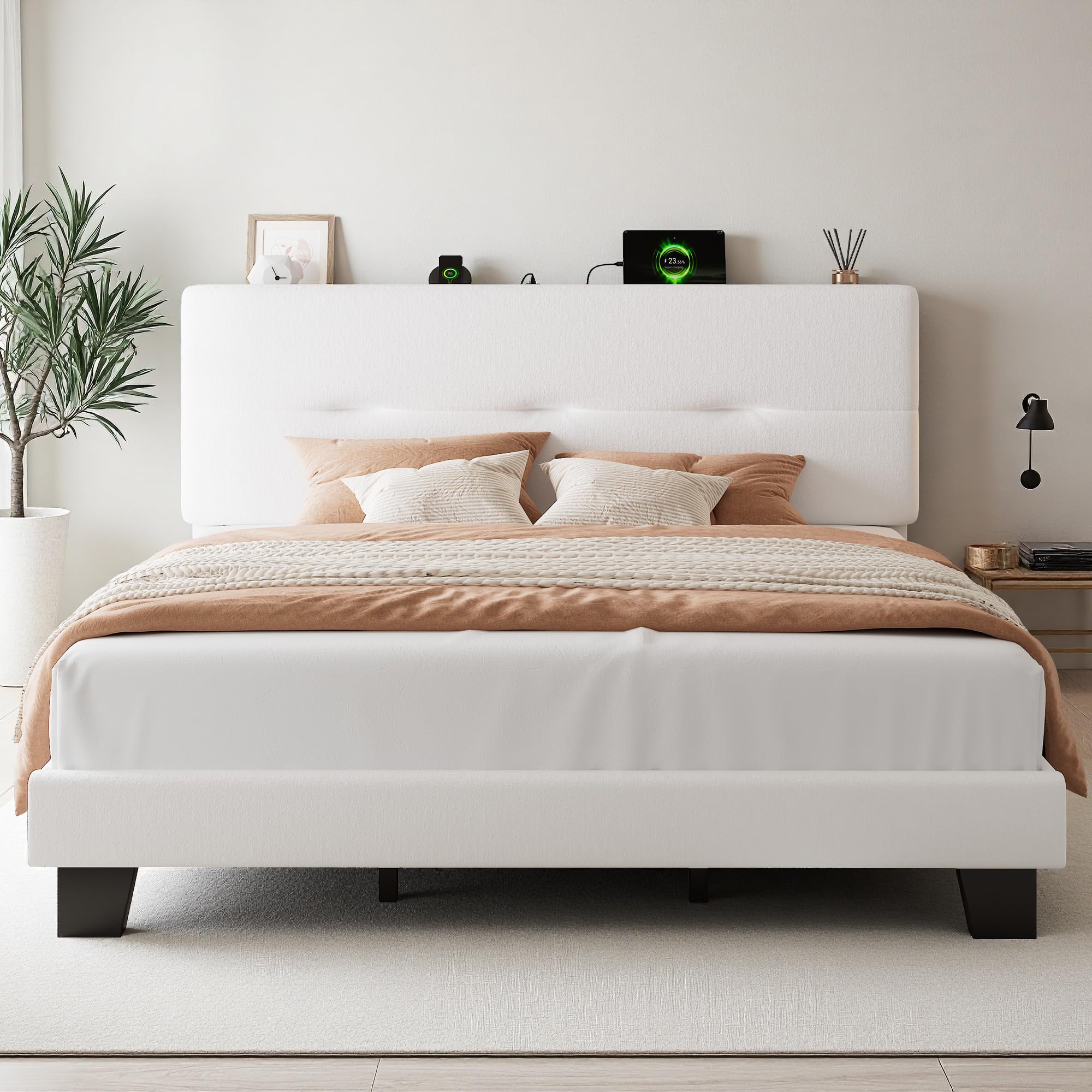FEONASE 6ft Super king Bed Frame with Charging Station, Velvet Upholstered Platform kingsize Bed Frame with Storage Headboard, Sturdy Wooden Slat Support, Noise Free, Easy Assembly, Beige โ image 1