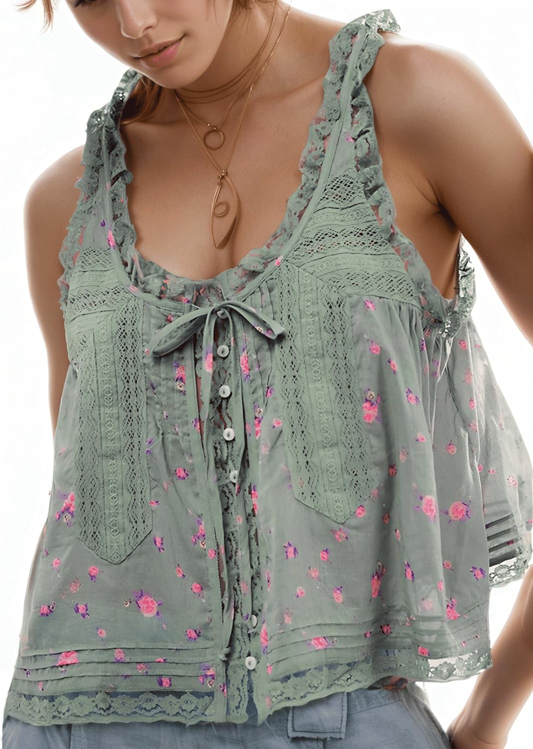 Women Sleeveless Ruffled Lace Boho Summer Vacation Top Cami