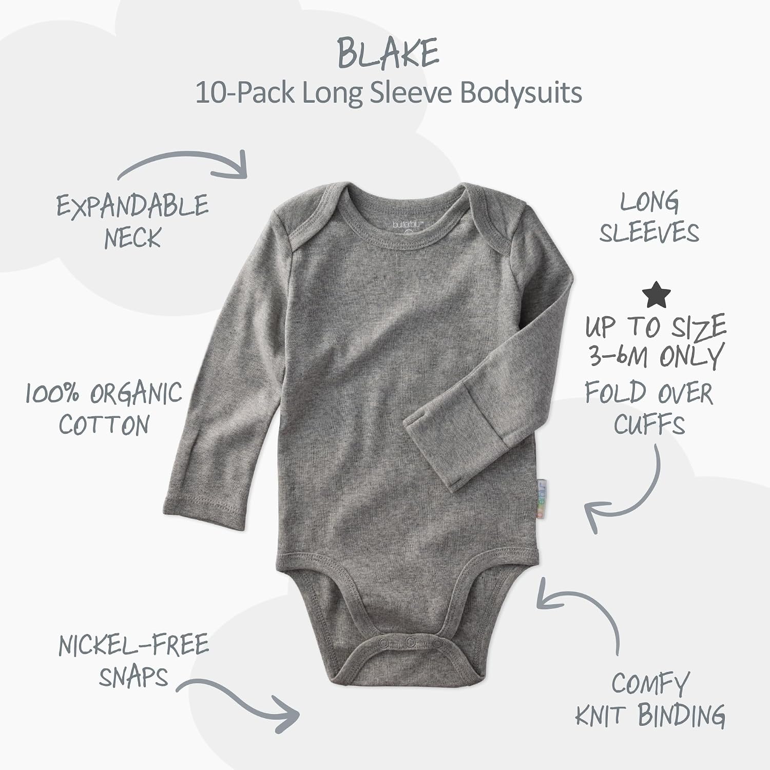 Butterblu Baby Blake 10-pack Long Sleeve Bodysuits​ 100% Organic Cotton Baby Boy & Girls