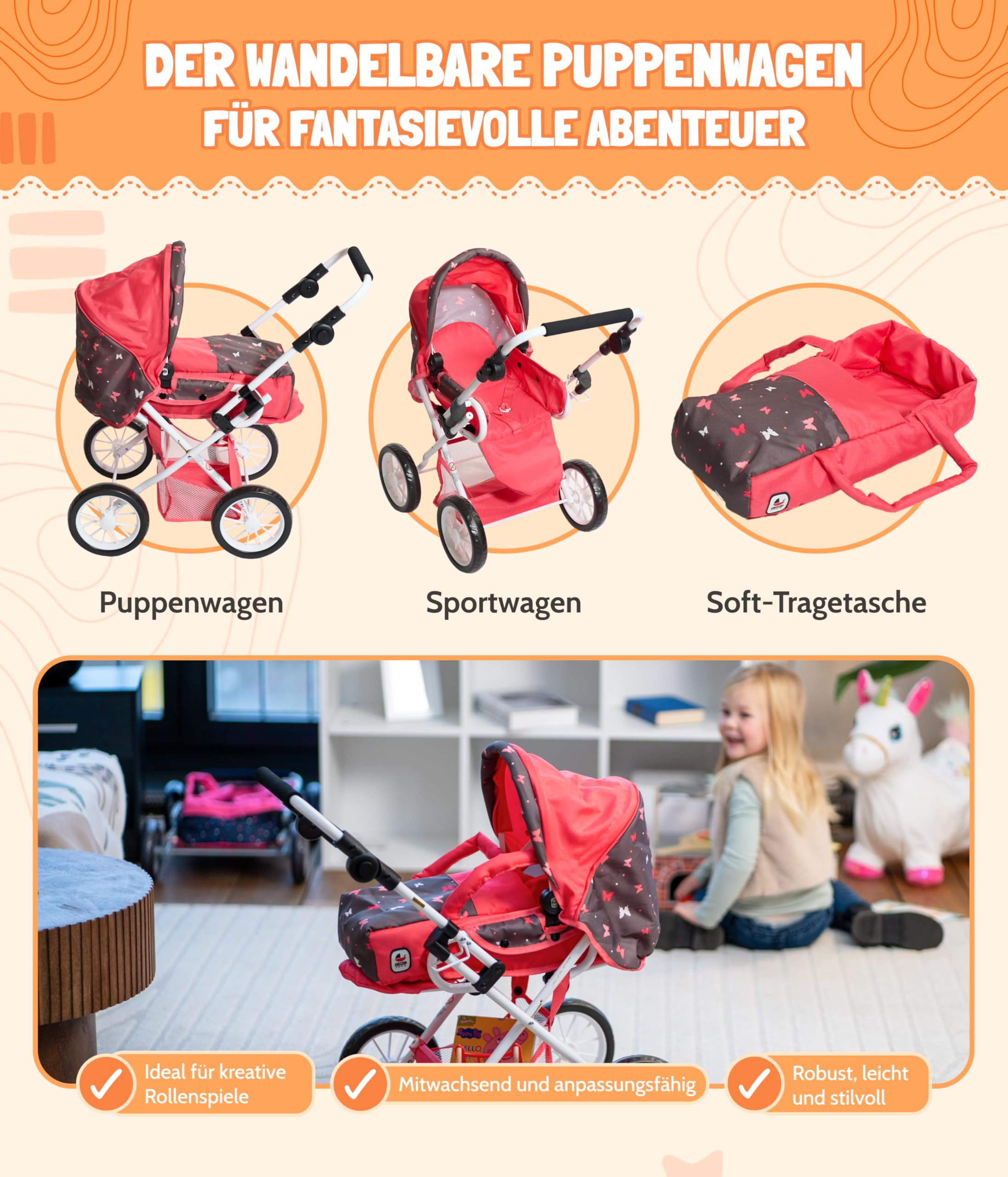 Bayer Chic 2000® Wózek dla lalek Leni kombi 3 w 1 – gwiazdka turkusowo-beżowa – składany, uchwyt z regulacją wysokości 43-67 cm, torba do przenoszenia – lalki do 46 cm, od 3 J.