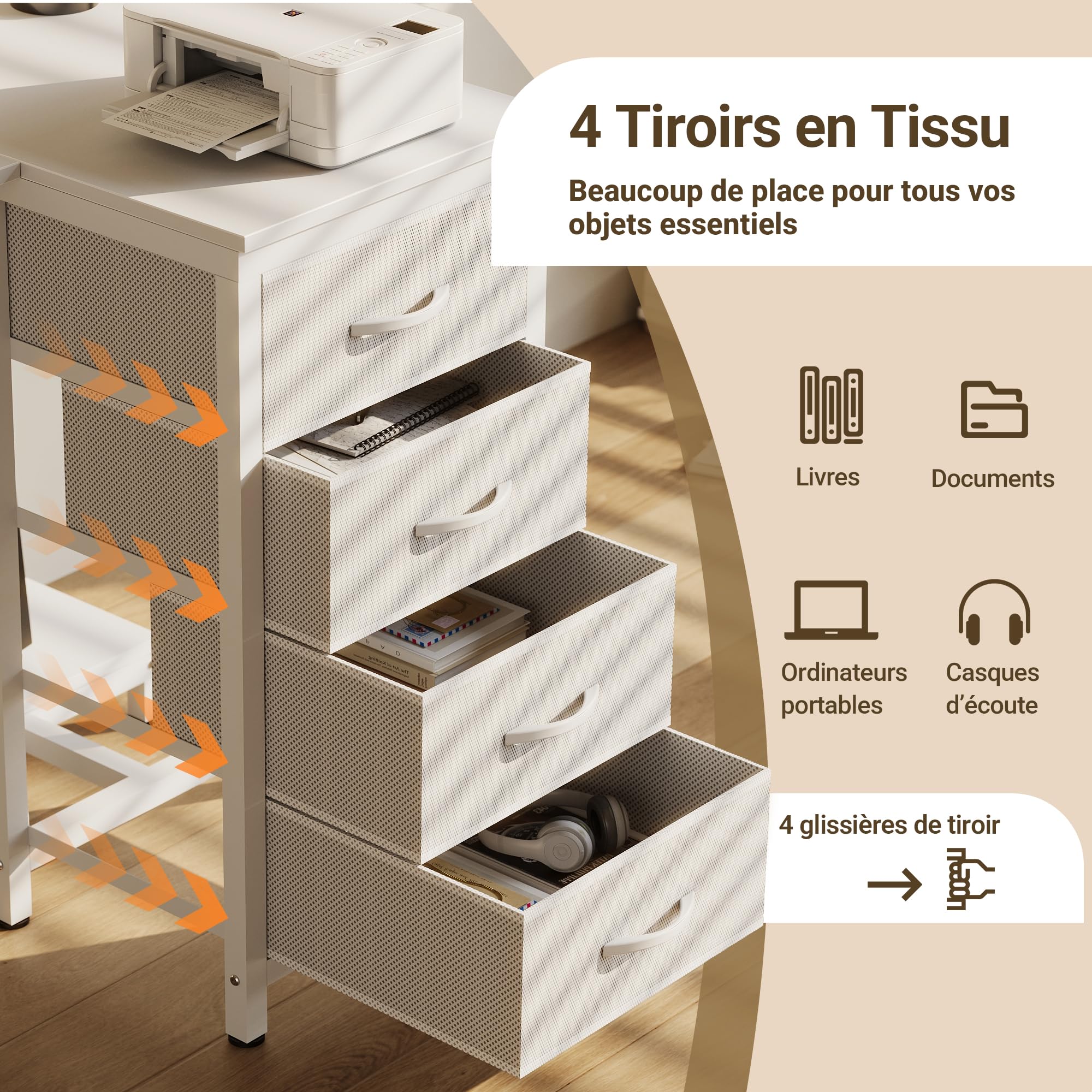 Claiks Bureau d'angle avec 4 Tiroirs,160x80x75 cm Bureau en L avec Prises de Courant et Ports de Charge USB, Table avec Support d'écran und Poche de Rangement latérale pour dans Un Grand, Blanc/Blanc
