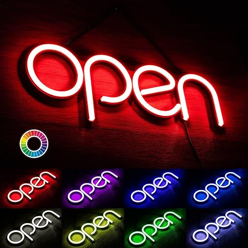 TZEXTZE Letrero abierto para negocios letrero abierto de neón de 16 x 6 pulgadas con RGB múltiples modos intermitentes letrero abierto LED con