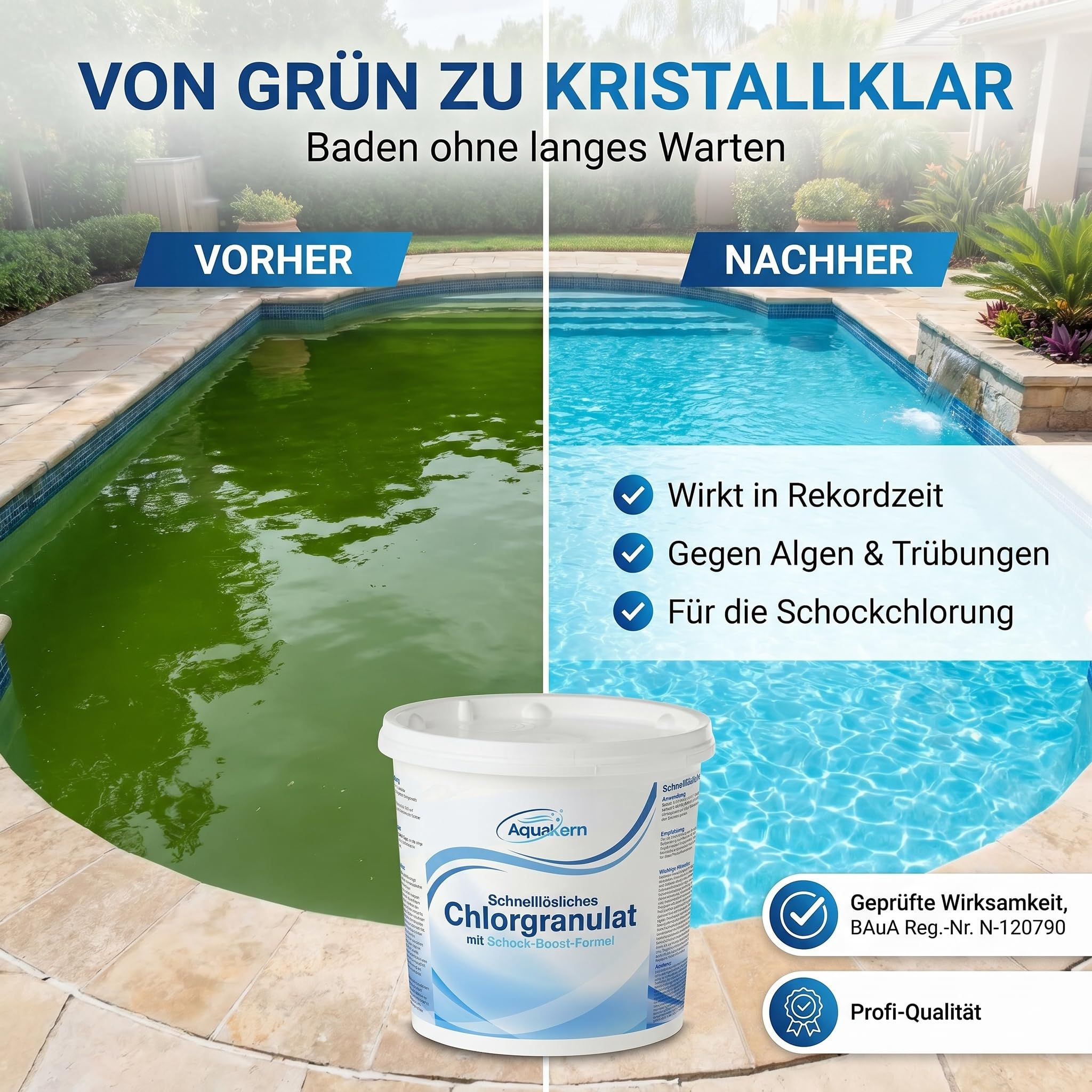 Schnelllösliches Chlorgranulat Pool 5KG [für SCHOCKCHLORUNG & STOßCHLORUNG] mit Schock-Boost-Formel | Schnellchlorgranulat zur Pooldesinfektion | Made in Europe