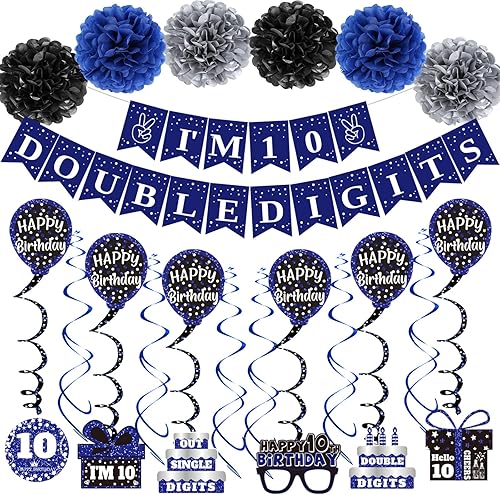 10th Birthday Decorations for Boys Girls, Blue I'm 10 Double Digits Banner Party Decorations, Happy 10th Birthday Decor Double-Sided Card Pompoms