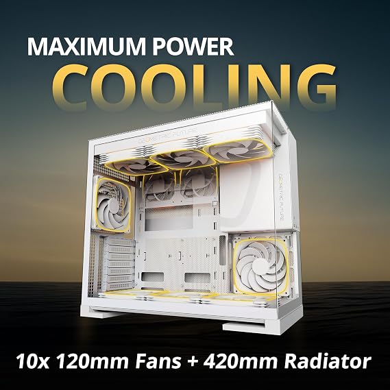 Geometric Future M5 Tempered Glass Mid Tower, E-ATX/ATX Gaming Case, 1.2mm Steel, Type C, Toolless Panels, Support 420/360 Radiator, ARGB PWM 140m fan x 5 Pre-Installed, White, GEO-M5F-W