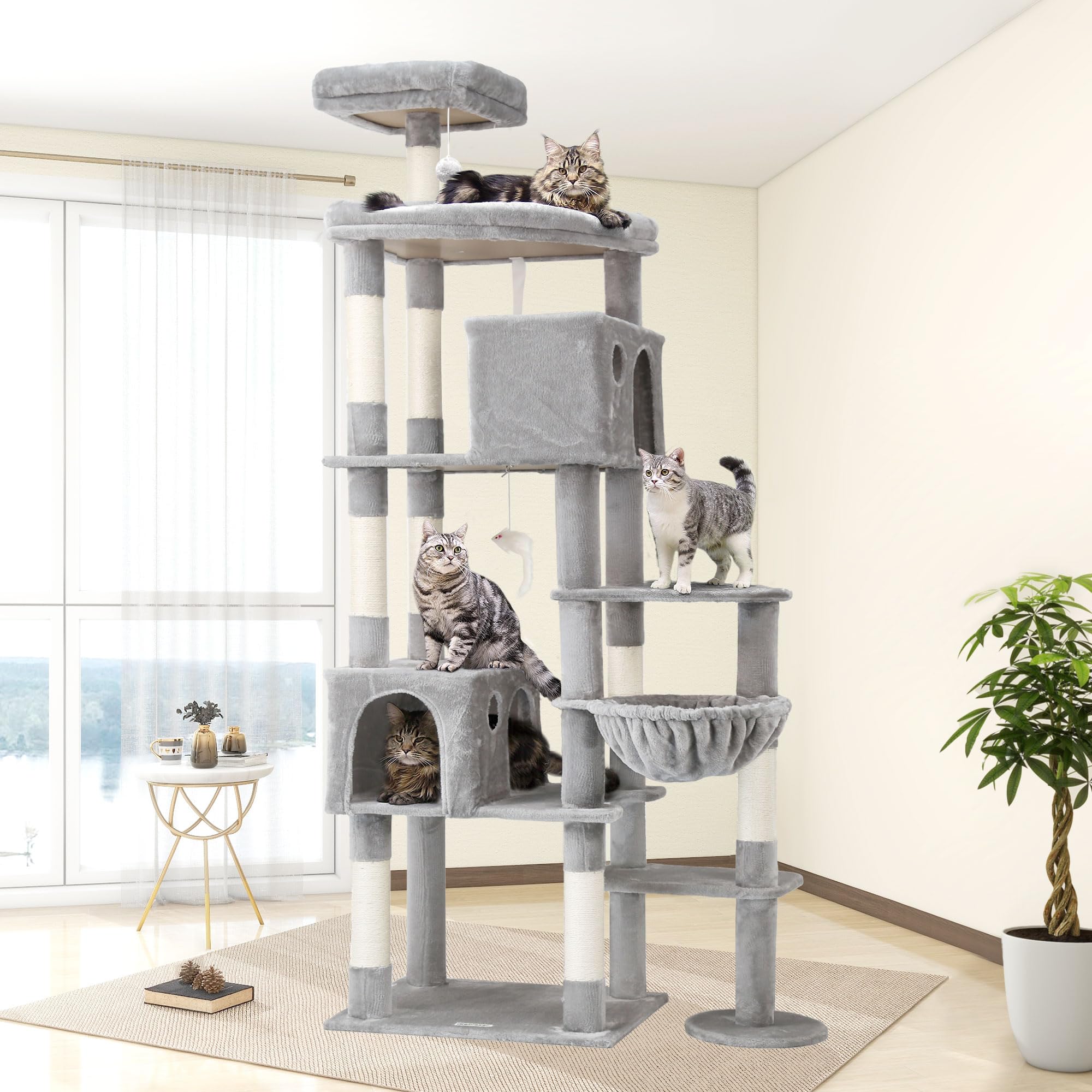 Globlazer Tiragraffi per Gatti XXL, Albero Gatti Grandi Alto 213 cm con 2 Grotte, Grande Piattaforma, Trespoli Imbottiti, Cesto, Torre del Gatto Stabile per Grandi Gatto Adulti (F83, Grigio Chiaro)