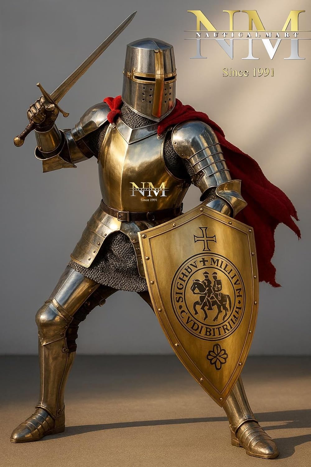 Medieval Crusader Knight Suit Of Armor - Fully Wearable Templar Costume 13th Century Collector's Style Medieval Armor with Great Helm & Shield For LARP Cosplay Halloween & Theater Act Knight Costume