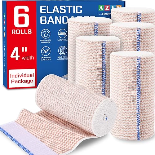 AZEN 4 in Premium 6 Pack Elastic Bandage Wrap, Lymphedema Wraps for Legs, Ankle, Knee, Tummy, Body Wrap, Compression Leg Wraps, Latex-Free
