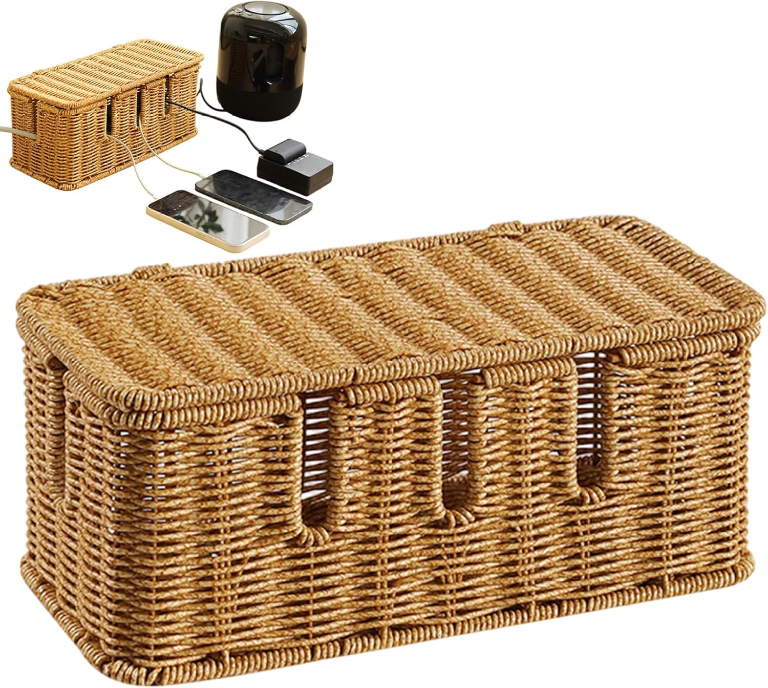 Cable Tidy Box, Rattan Woven Cable Management Box with Lid and 5 Dedicated Slots, 12x5.5x5 Under Desk Socket Organiser for Hiding TV Wires, Power Strips and Electrical Cords