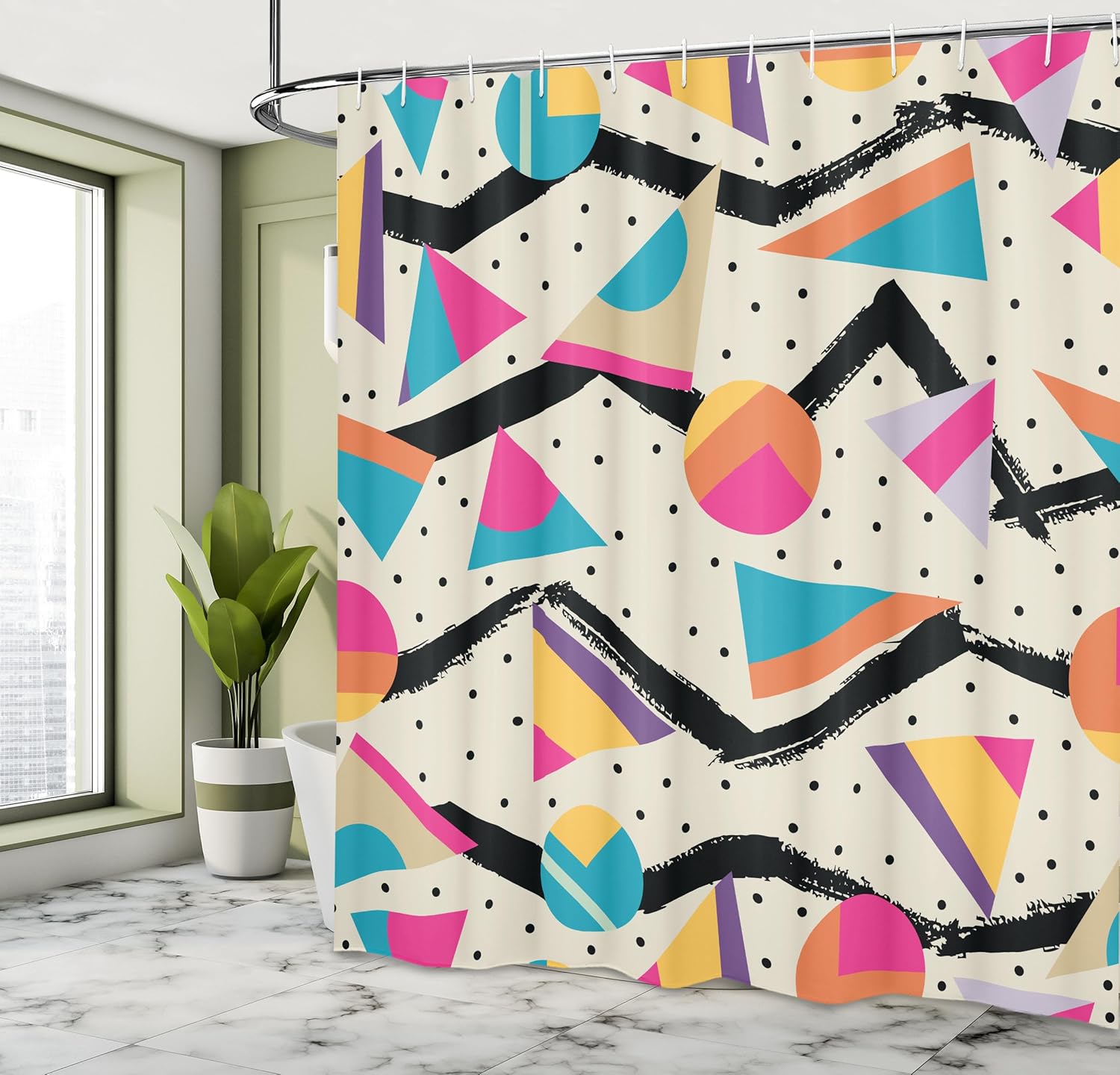 Ambesonne Indie Shower Curtain, Eighties Memphis Fashion Style Geometric Abstract Colorful Design Dots Funky, Cloth Fabric Bathroom Decor Set with Hooks, 69" W x 70" L, Eggshell Multicolor