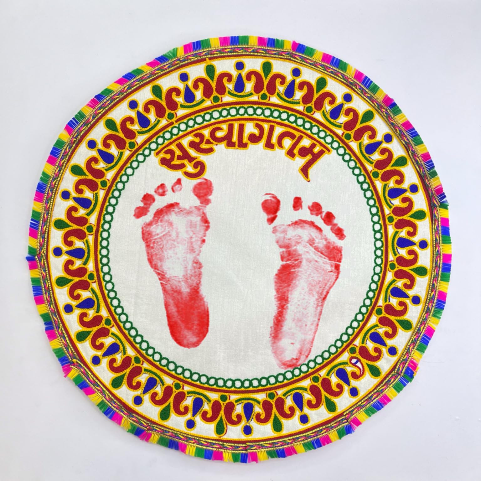 Yasamazing Bride's Born Baby Welcome Embroidered Printed kutchi Working Modern Welcome Footprint Handprint Cloth Kanku Pagla Rumal 1 Pcs (K15216H) - Image 2 thumbnail