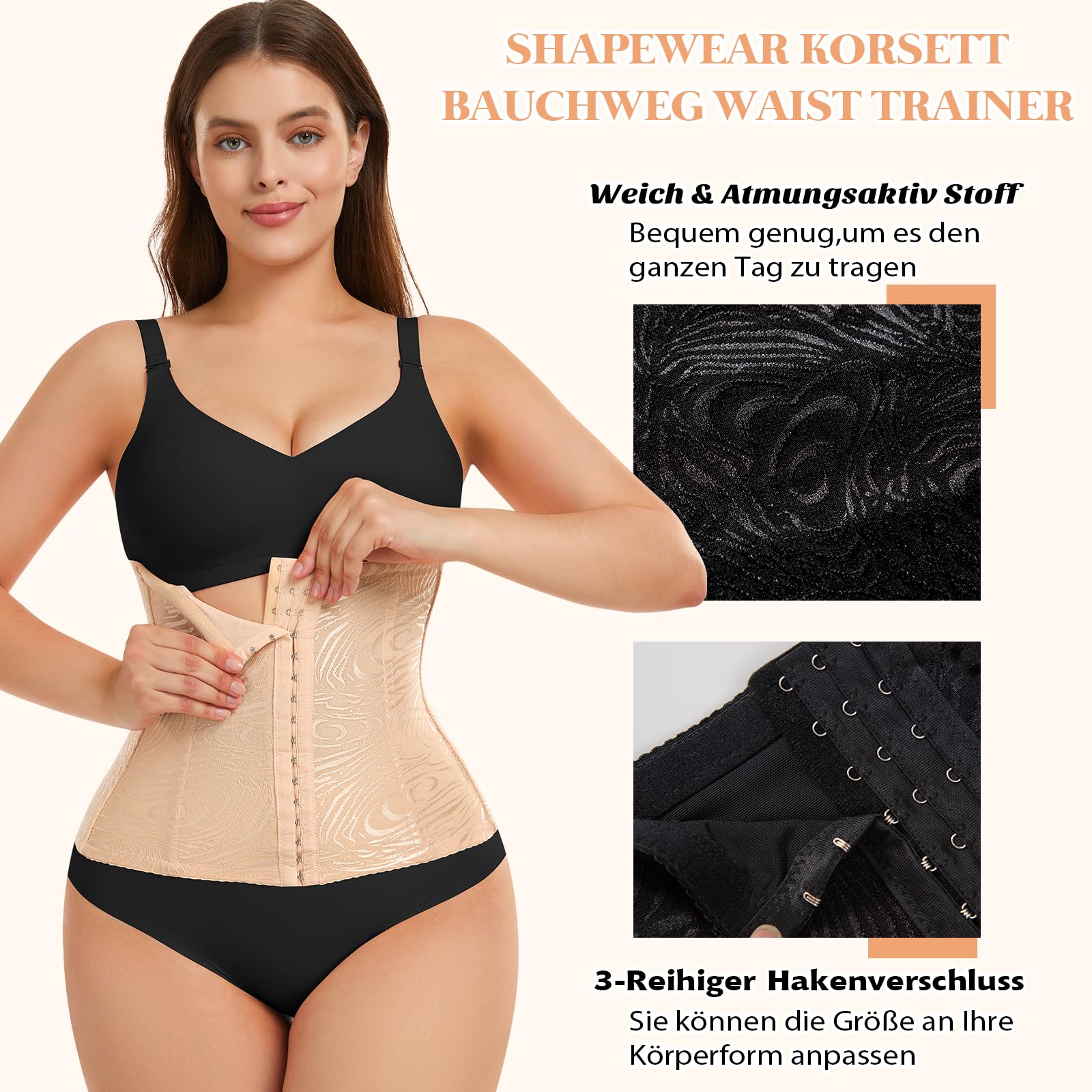 Corset gainant pour femme avec 3 rangées de crochets et 7 os en acier