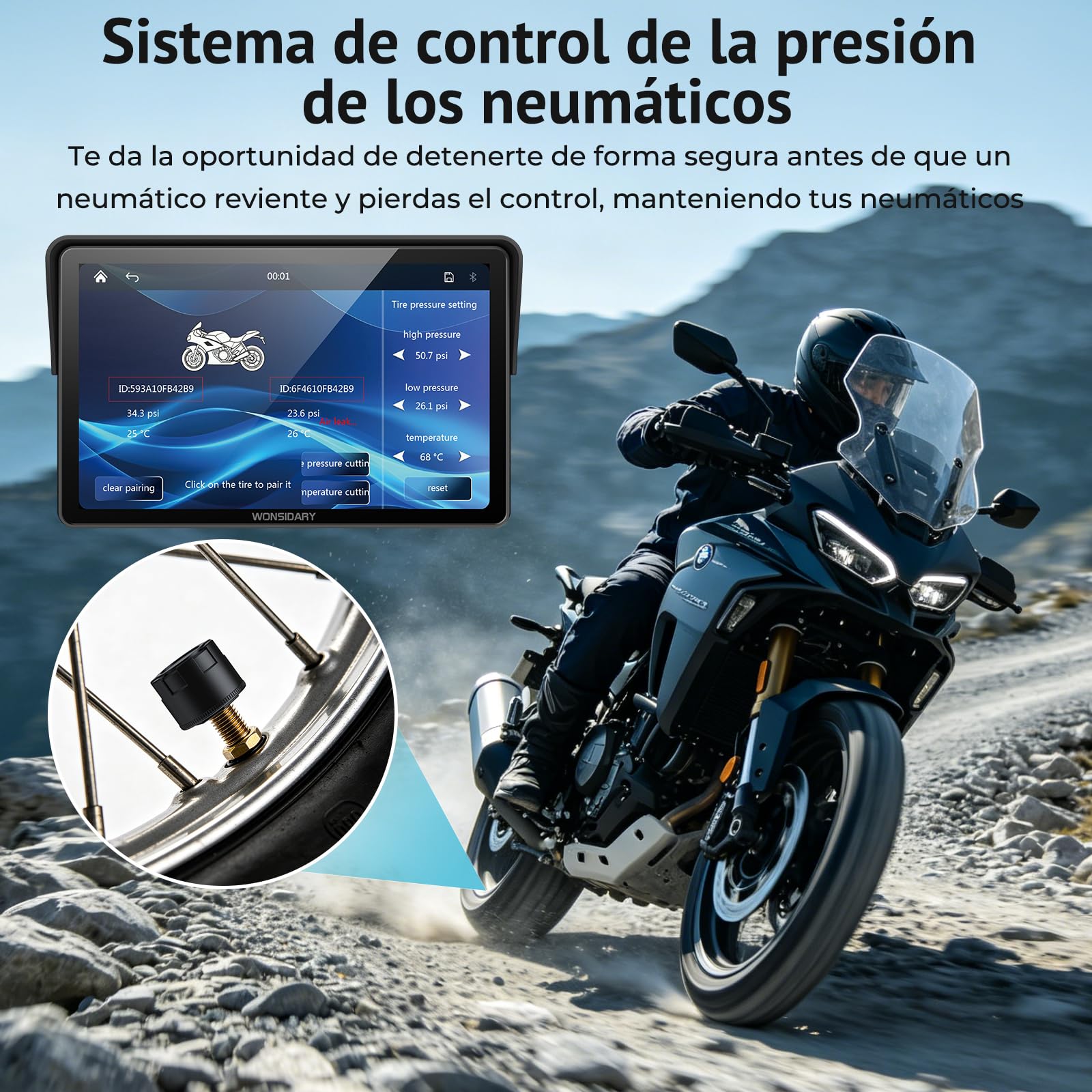 W722TPMS Pantalla CarPlay Moto 7 Pulgadas con CarPlay y Android Auto Inalámbrico,TPMS,GPS Moto IP67 Impermeable,Audio Bluetooth Dual,Control por Voz, EQ,Sensor de Luz,Alimentación USB/Acc
