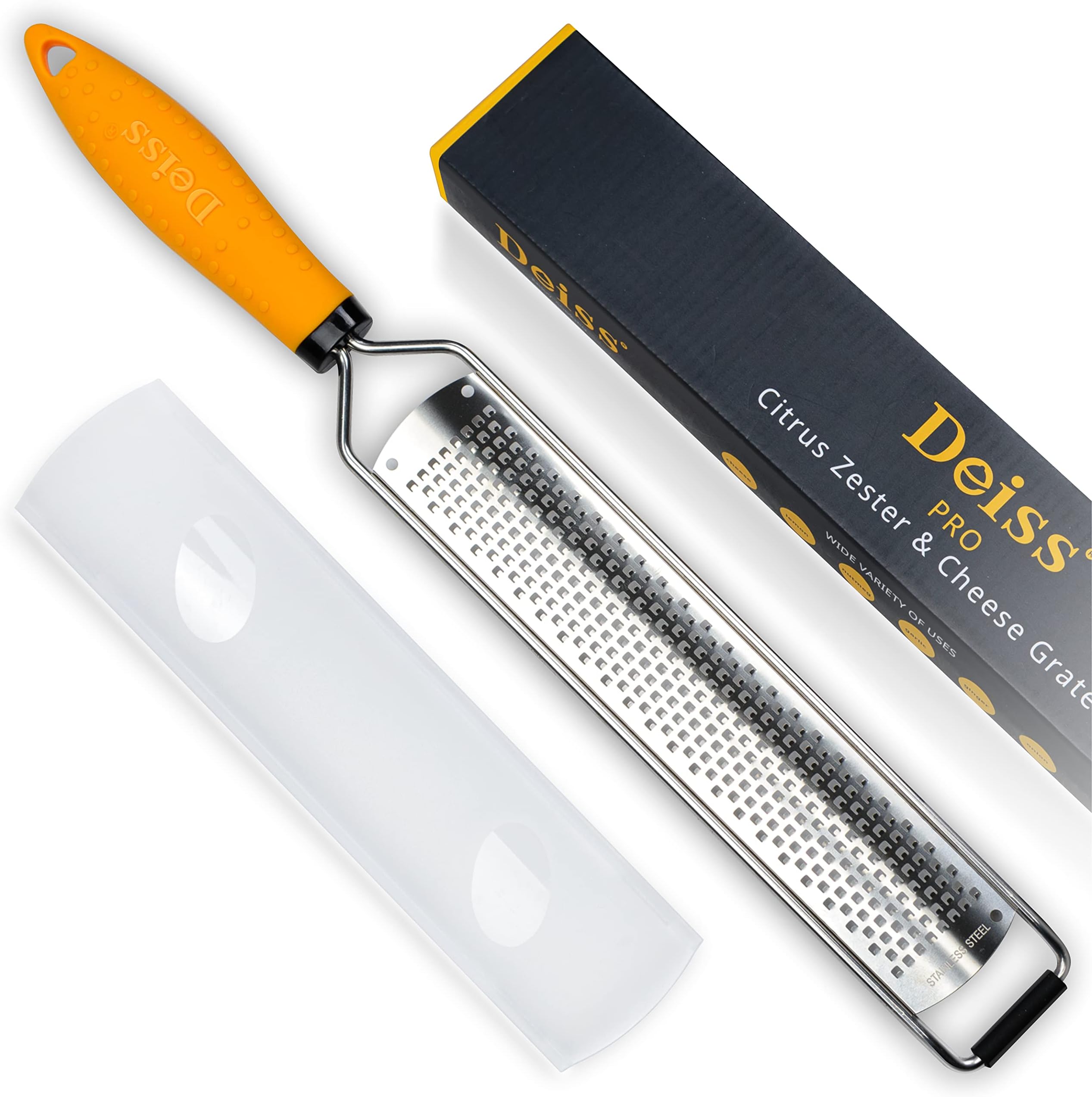 Deiss PRO Citrus Zester & Cheese Grater — Parmesan Cheese Lemon, Ginger, Garlic, Nutmeg, Chocolate, Vegetables, Fruits - Razor-Sharp Stainless Steel Blade, Wide, Dishwasher Safe