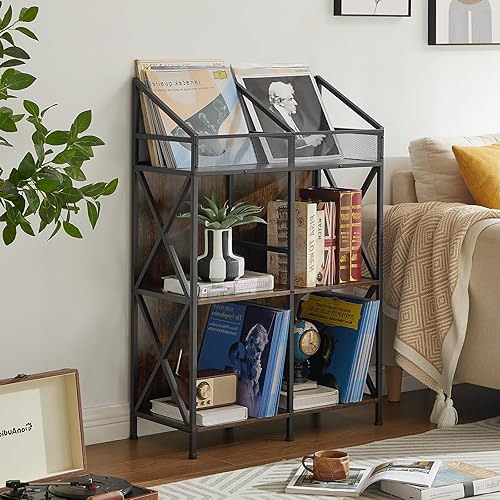 Miniatura 3 de Estante de almacenamiento de discos de vinilo de 6 rejillas, mesa de exhibición de discos de madera para revistas, archivos, álbumes, libros para