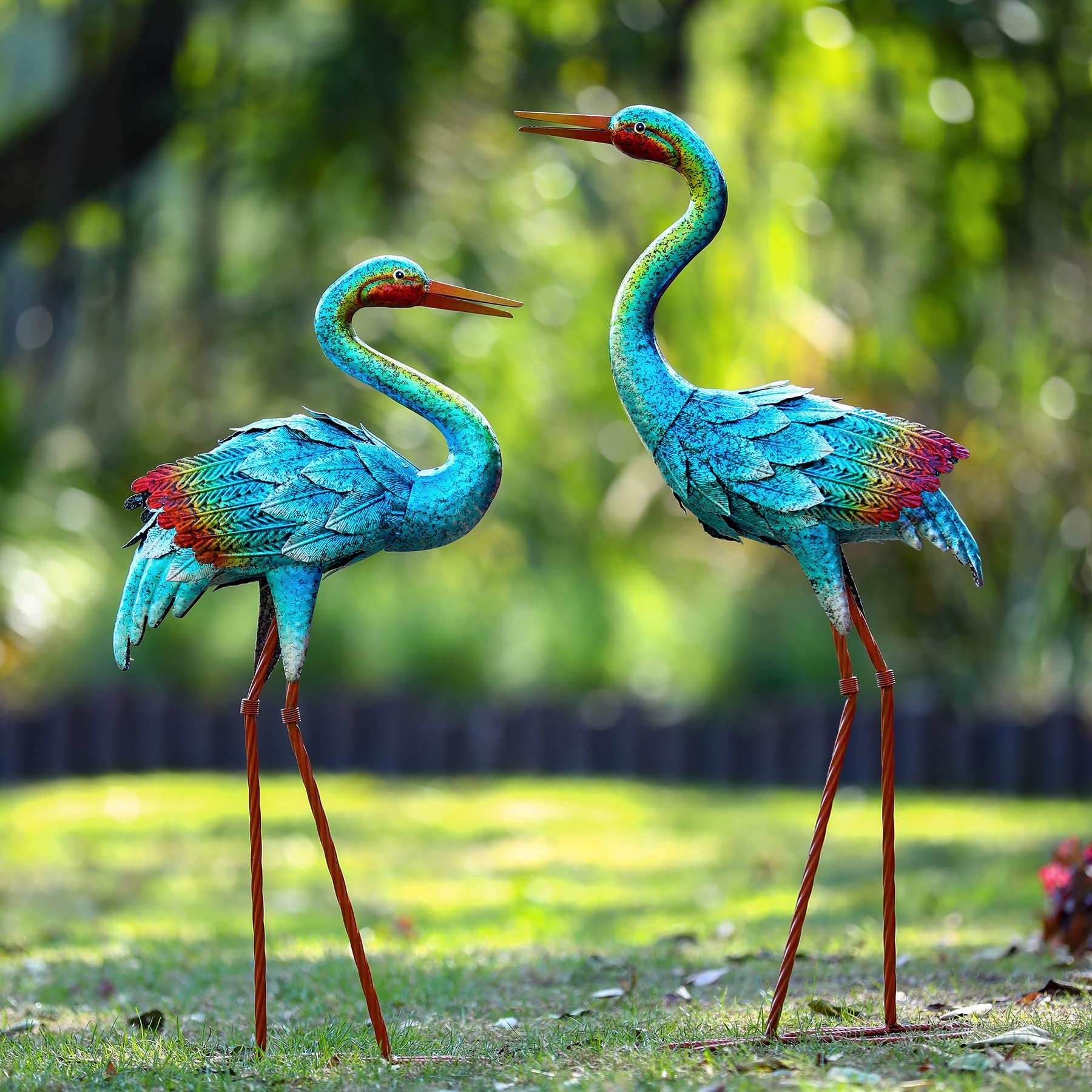 Natelf Garden Crane Statues for Outdoor, Blue Heron Decor Standing Garden Art Sculptures, Metal Large Birds Lawn Ornaments for Patio Pond Yard Lawn Decorations, Set of 2