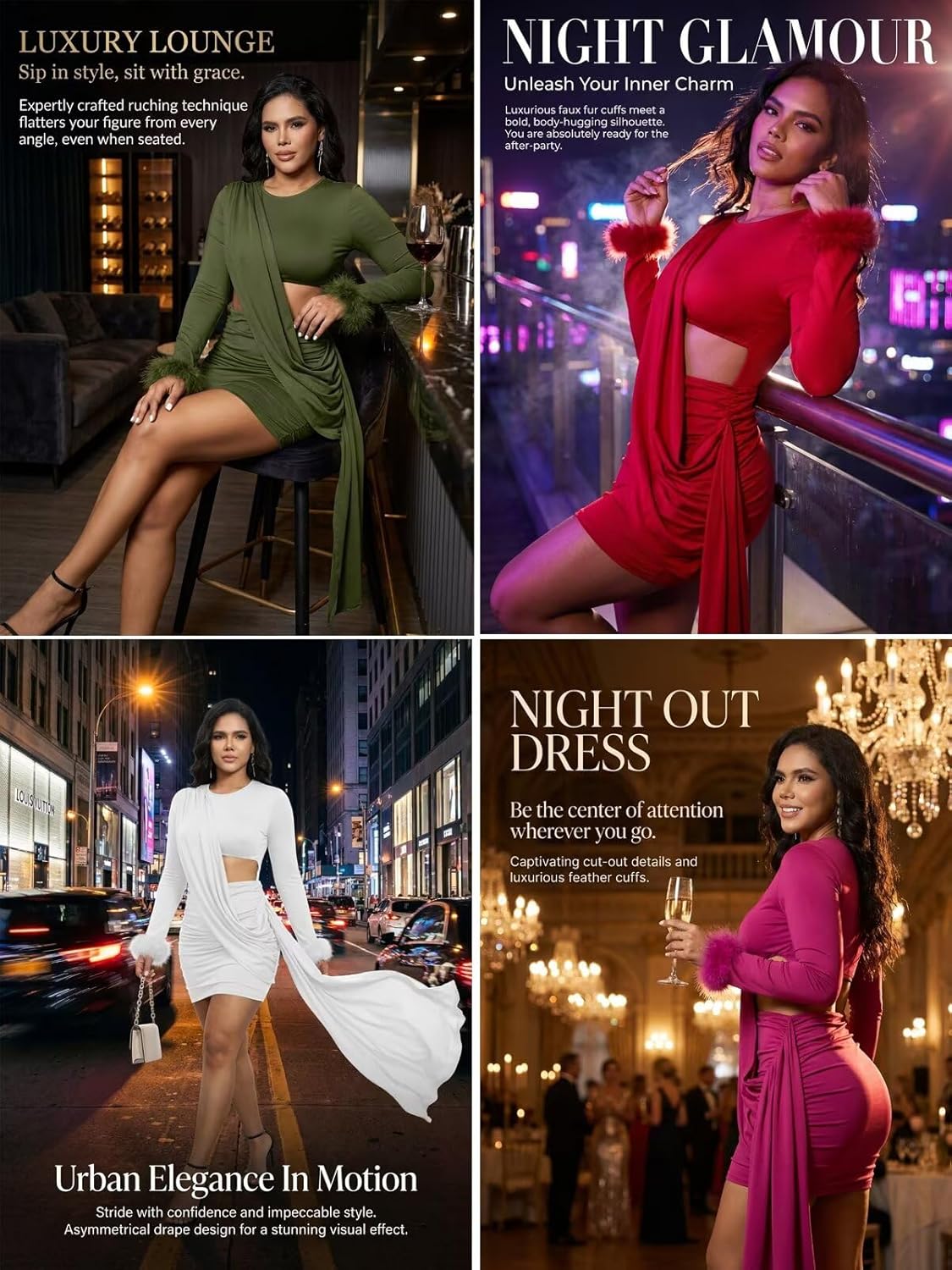 Aro Lora Womens Sexy Ruched Cutout Bodycon Dresses Long Sleeve Fuzzy Cuff Party Club Mini Dress