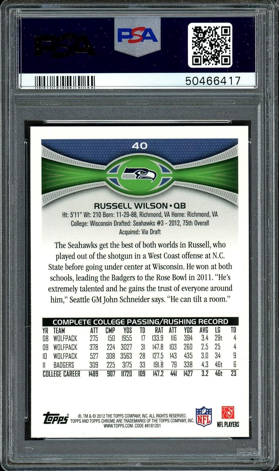 Russell Wilson Autographed 2012 Topps Chrome Rookie Card #40 Seahawks Auto Grade 9 Card Grade Mint 9 PSA/DNA #50466417