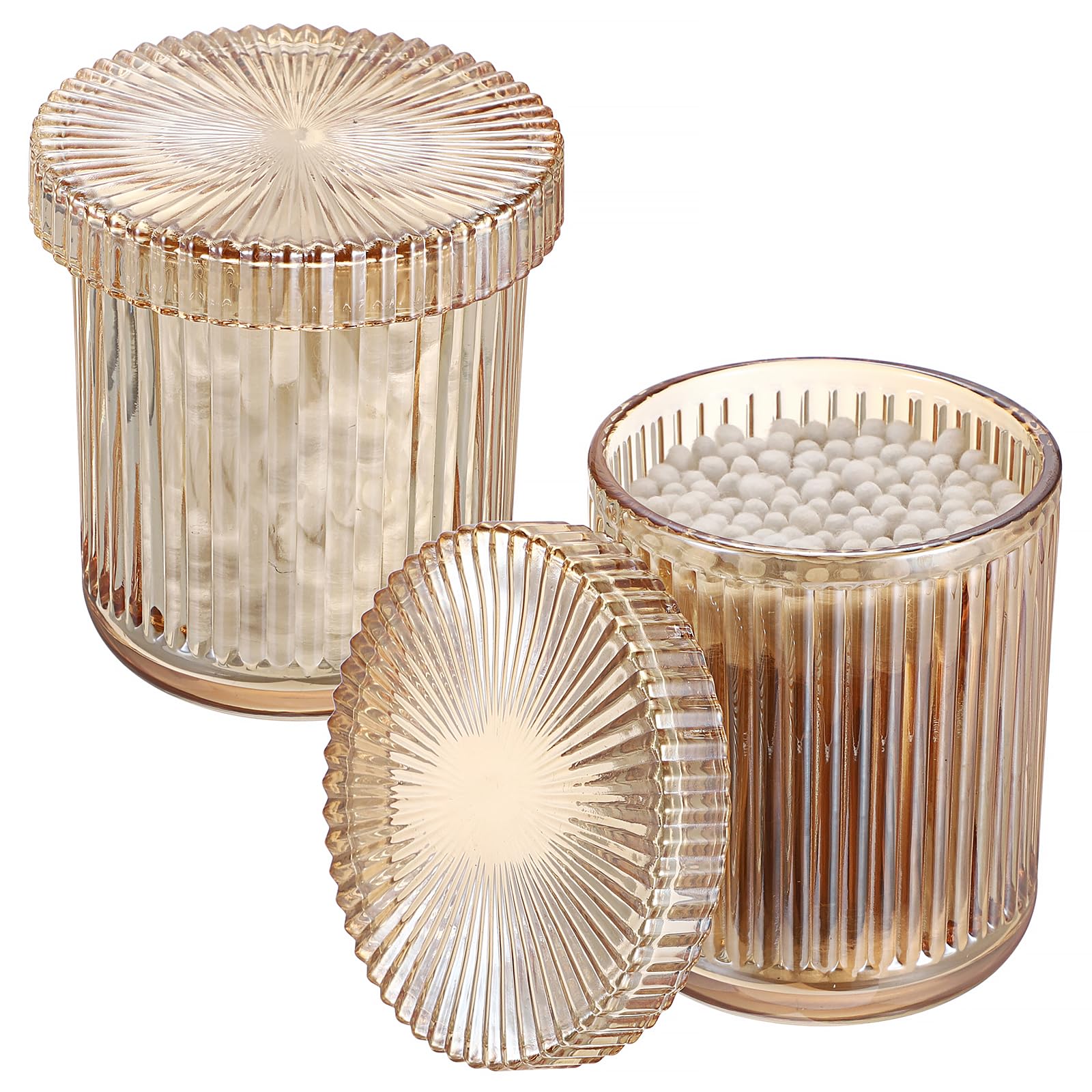 OLegei Glass Cotton Ball and Swab Holder Organizer, Set of 2 Bathroom Glass Storage Jars with Lid, Q-tips Floss Dispenser, Vanity Makeup Accessories Storage Jar, Apothecary Storage Canister(Amber)