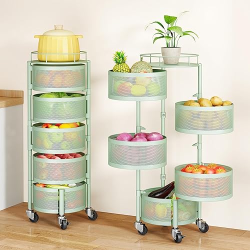 SAYZH Cesta de frutas y verduras para cocina, estante de almacenamiento giratorio, carrito rodante de 5 niveles con tapa superior, cesta de alambre