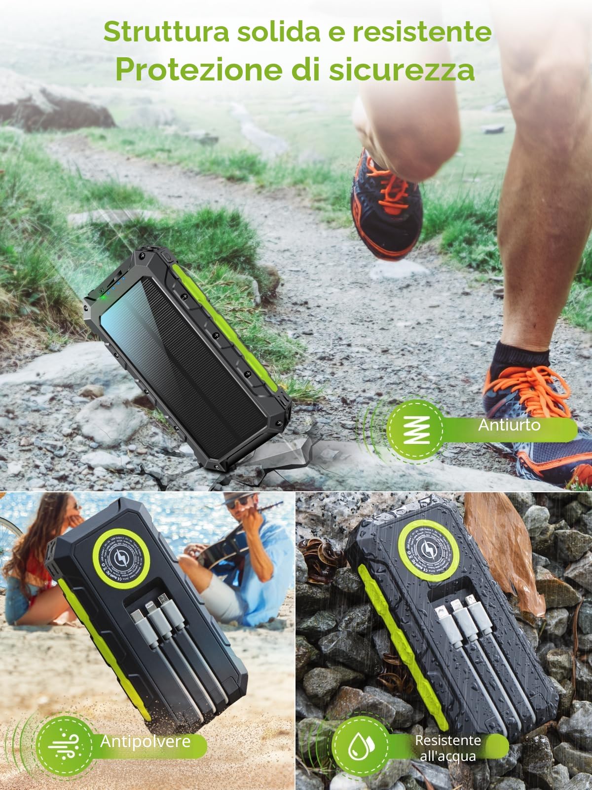 52800mAh Power Bank Solare 30WPD con Cavi Integrati Ricarica Rapida | Batteria Esterna Powerbank 7 Uscite Torcia LED Display Digitale, Ideale per Campeggio e Attività Outdoor