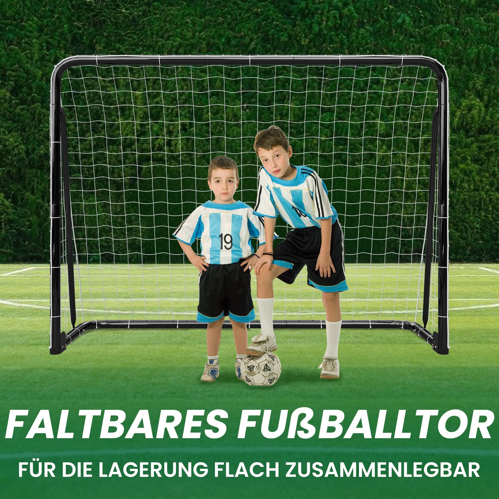 Fußballtor für Garten Kinder & Erwachsene, Robustes Fussballtor Outdoor mit Stahlrahmen, wetterfestem Netz, Erdankern, 6 Hütchen, Fußball Tor Set für Training, Schwarz