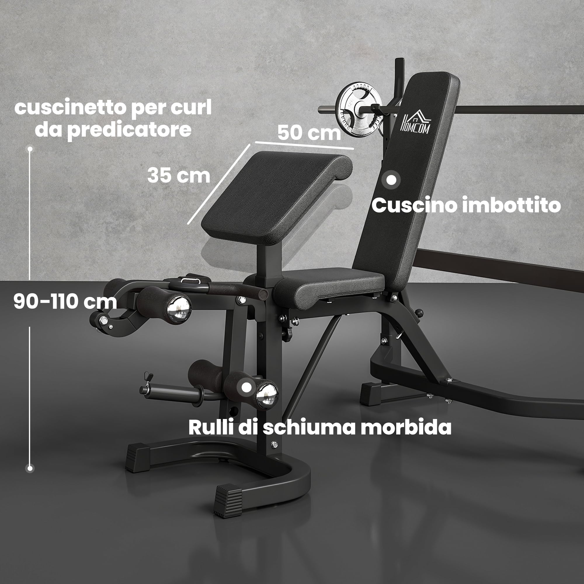 HOMCOM Panca Palestra Multifunzione Regolabile con Rack Bilanciere, Pad per Gomiti e Schienale, Panca Pesi Inclinabile Piana con Leg Extension, Low Row, Arm Curl, Addominali, Allenamento Palestra Casa
