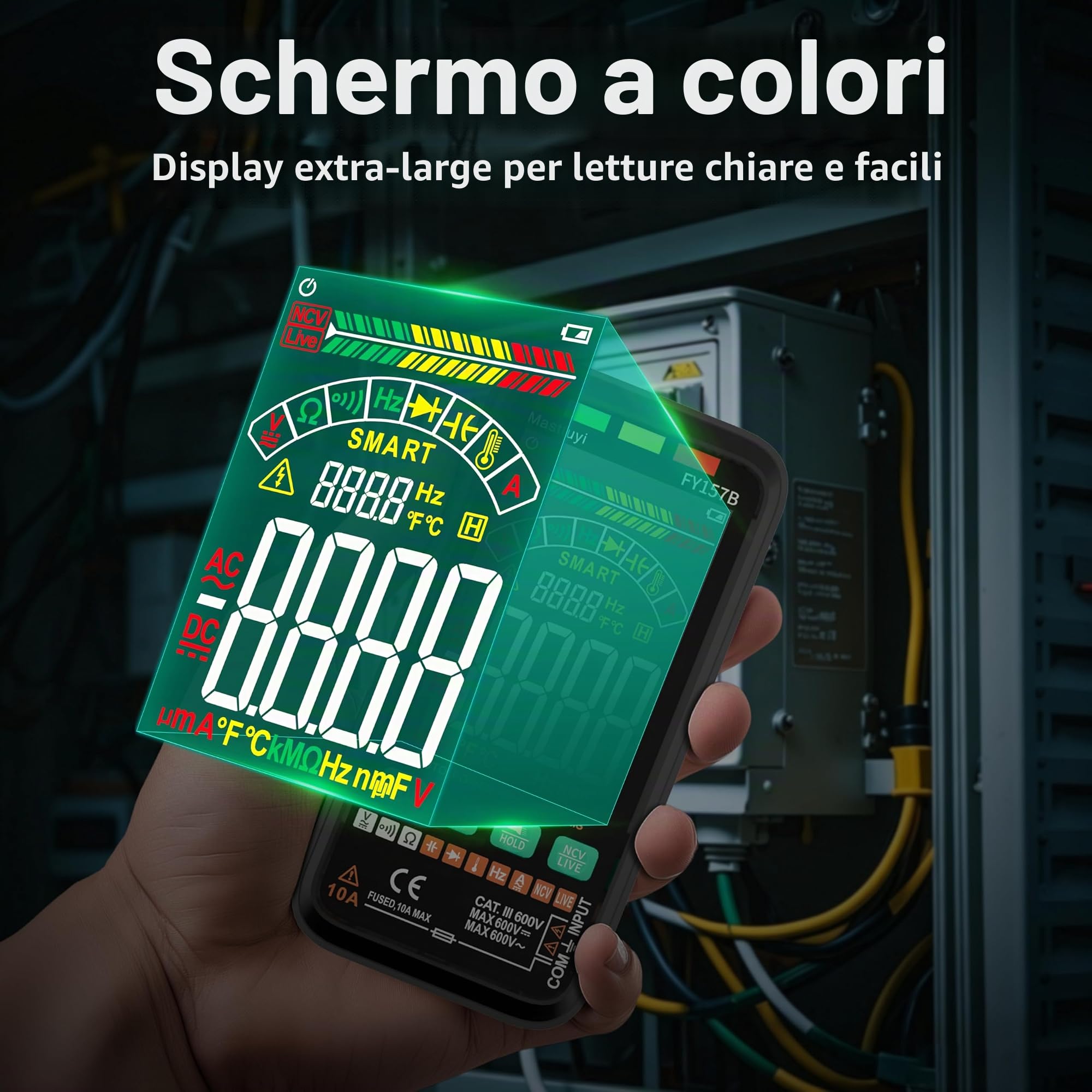 Multimetro, Tester Elettrico Ricaricabile, Multi-Tester Intelligente NCV, TRMS 6000, Protezione da Sovraccarico, Intervallo Automatico, Tensione, Corrente, Capacità, Continuità, Frequenza, Resistenza