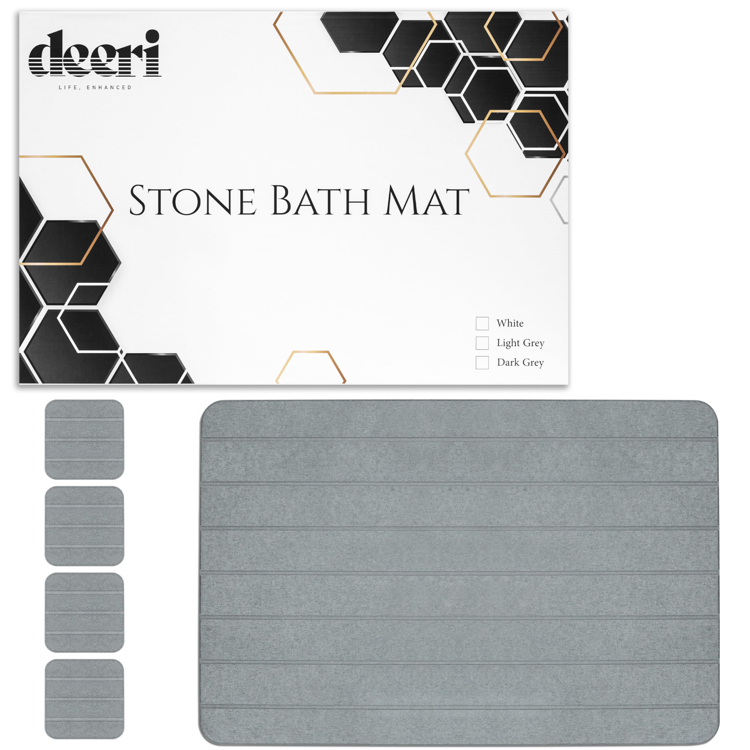 Deeri Stone Bath Mat with 4 Coasters Set Super Absorbent & Instant Drying, Non Slip Diatomaceous Earth Bath Mat for Kitchen and Bathroom (23.6x15.35, Dark Grey)