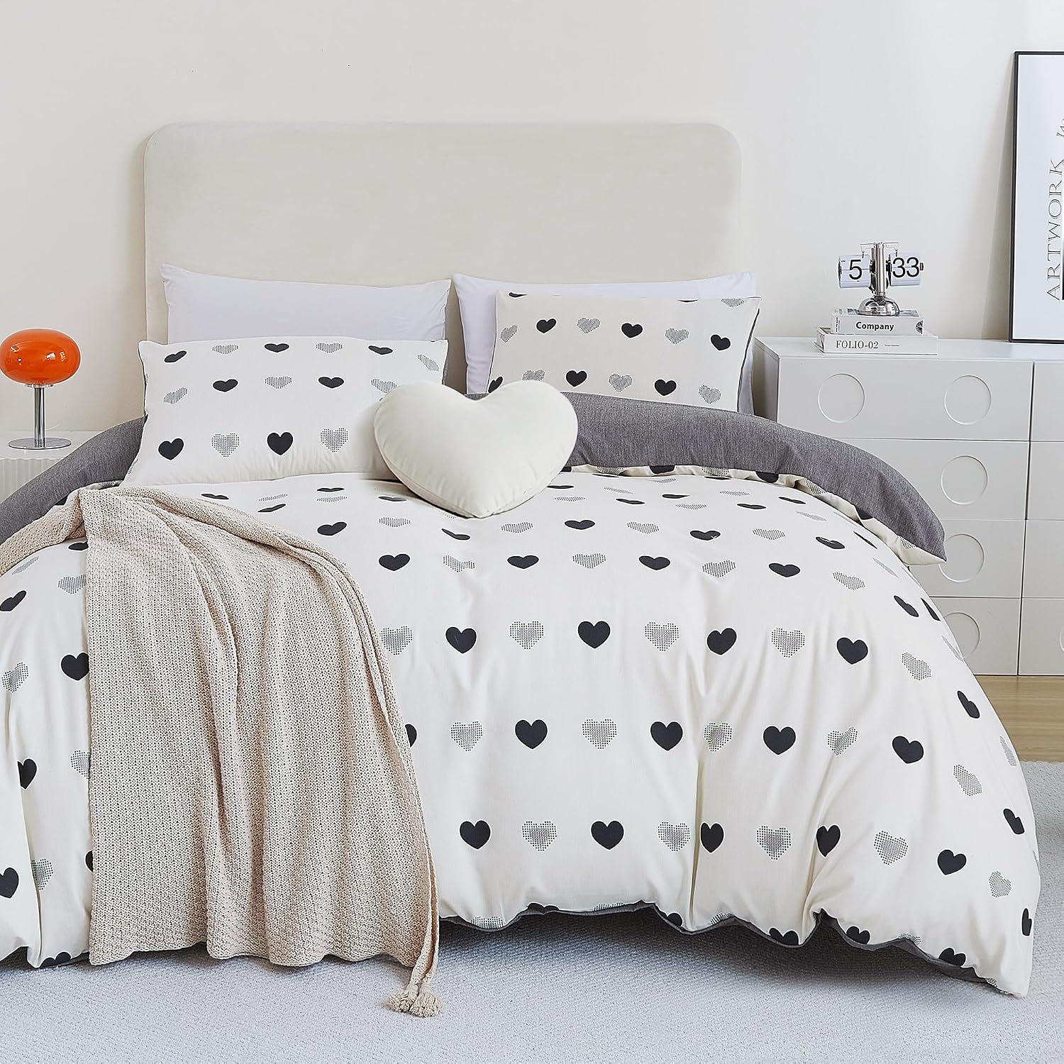 BEDAZZLED Heart Print Queen Duvet Cover Set, Black & White, 3 Pieces | Soft Breathable Microfiber, Minimalist Heart Bedding Set, Hidden Zipper & Corner Ties, Year-Round Comfort