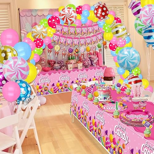 Miniatura 7 de Candyland - Decoraciones de fiesta de cumpleaños con temática de piruletas, incluyendo globos, pancarta, platos, manteles, vasos, servilletas,