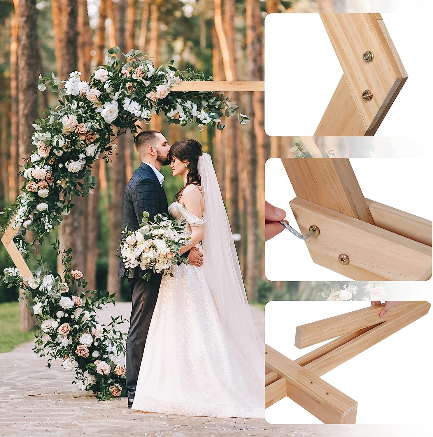 FATIVO Arche de Mariage en Bois: Arc Hexagonal de Fleur Arc de Ballons Anniversaire Photo de Fleur Cérémonie Décoration du Mariage Photographie Fête - 245x210cm