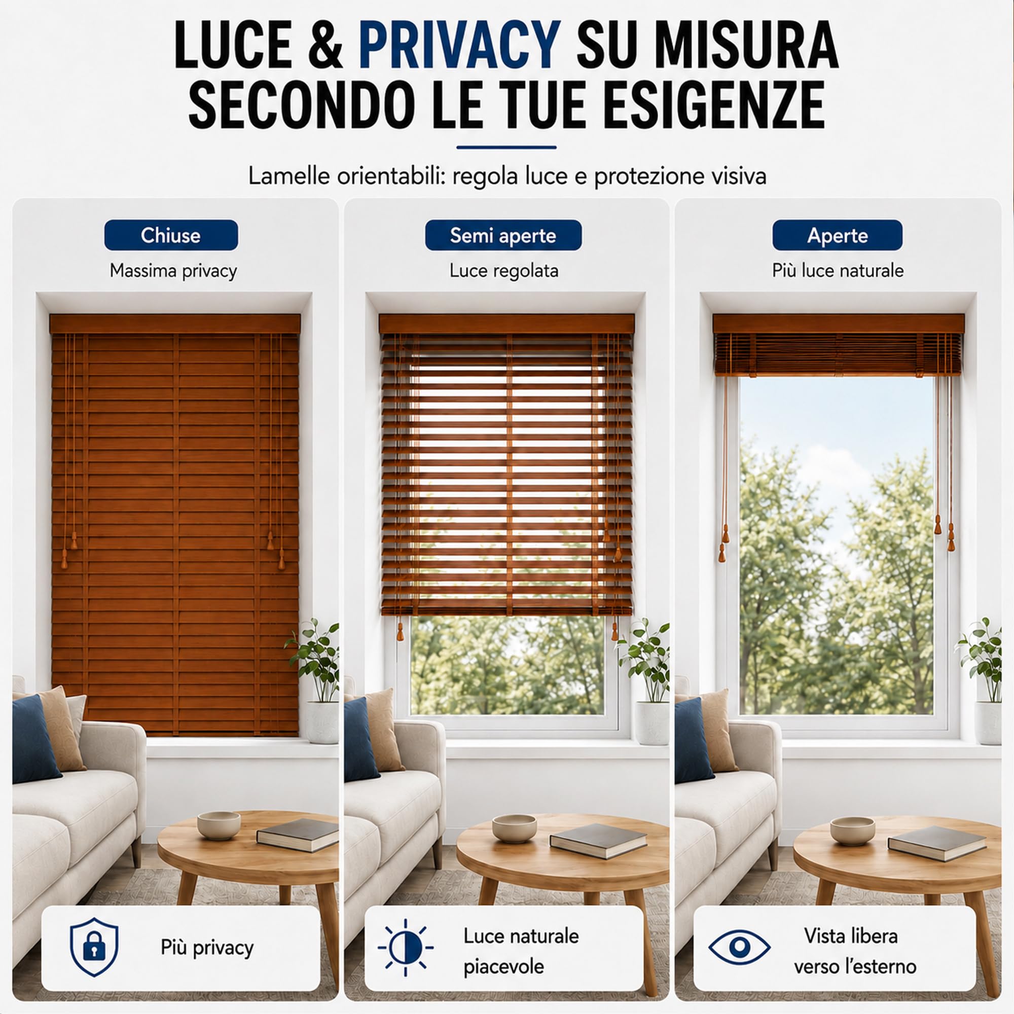 Tenda veneziana in legno su misura per finestra interna, legno di paulownia con lamelle da 50 mm, installazione con trapano, cordino, privacy e regolazione della luce M50115