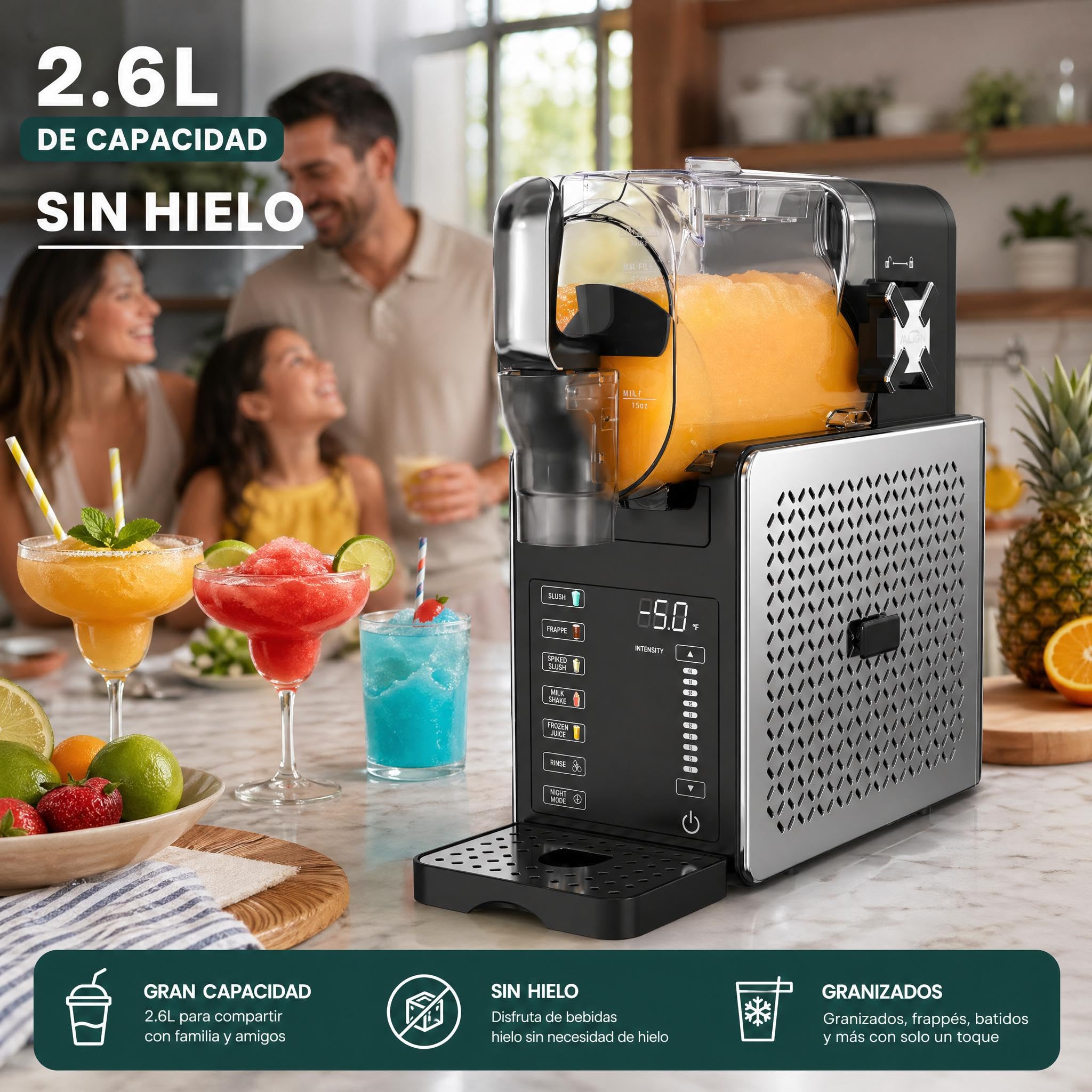 Máquina de Granizados 2.6L Sin Hielo – Granizadora Eléctrica 200W con Control Táctil, 6 Modos y Autolimpieza – Mantiene Frío 12h – Para Familia, Fiestas y Oficinas