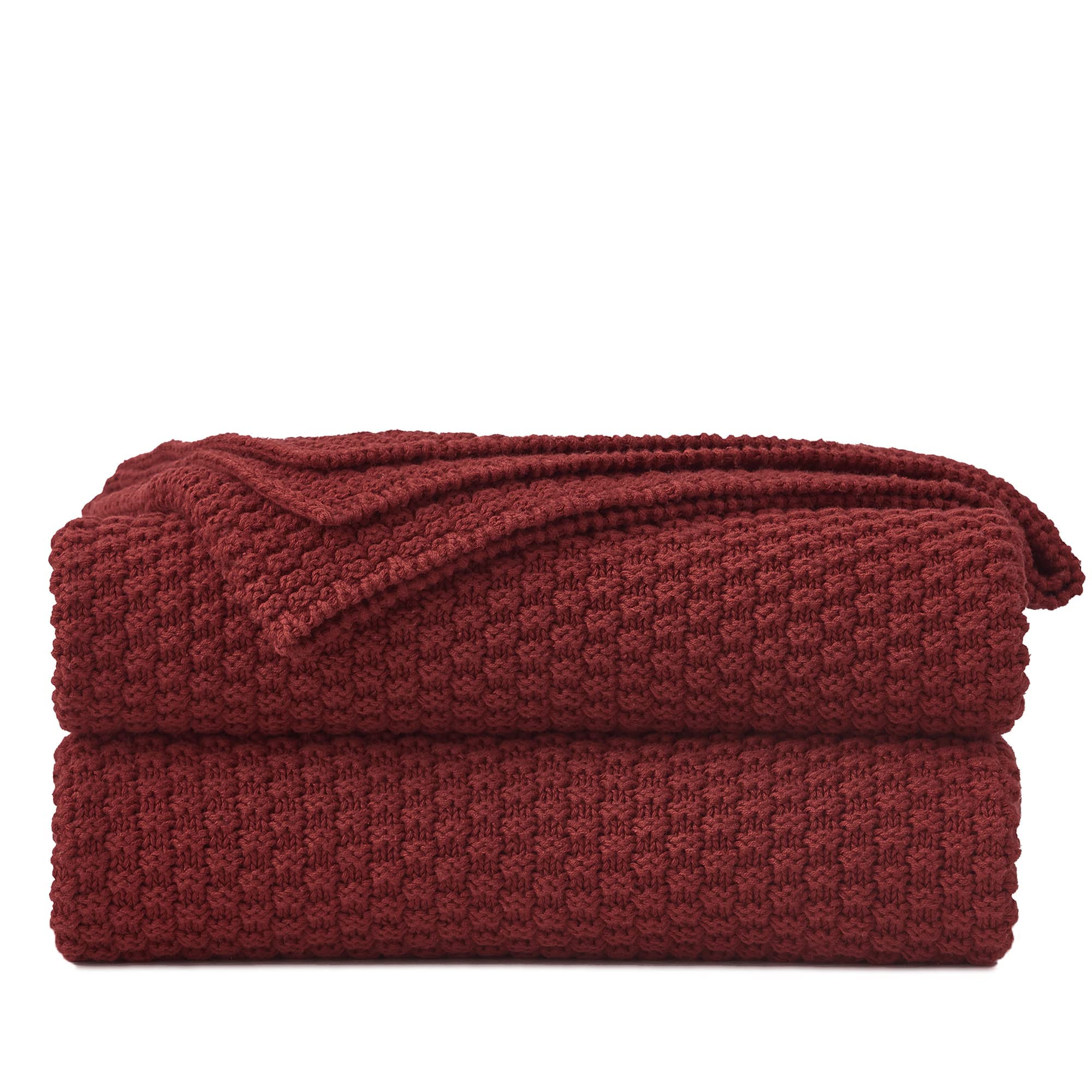 Longhui bedding Wine Red Knitted Throw Blanket for Couch, Cozy Machine Washable 100% Cotton Sofa Knit Blankets, 51 x 63 Inches, Burgundy Color