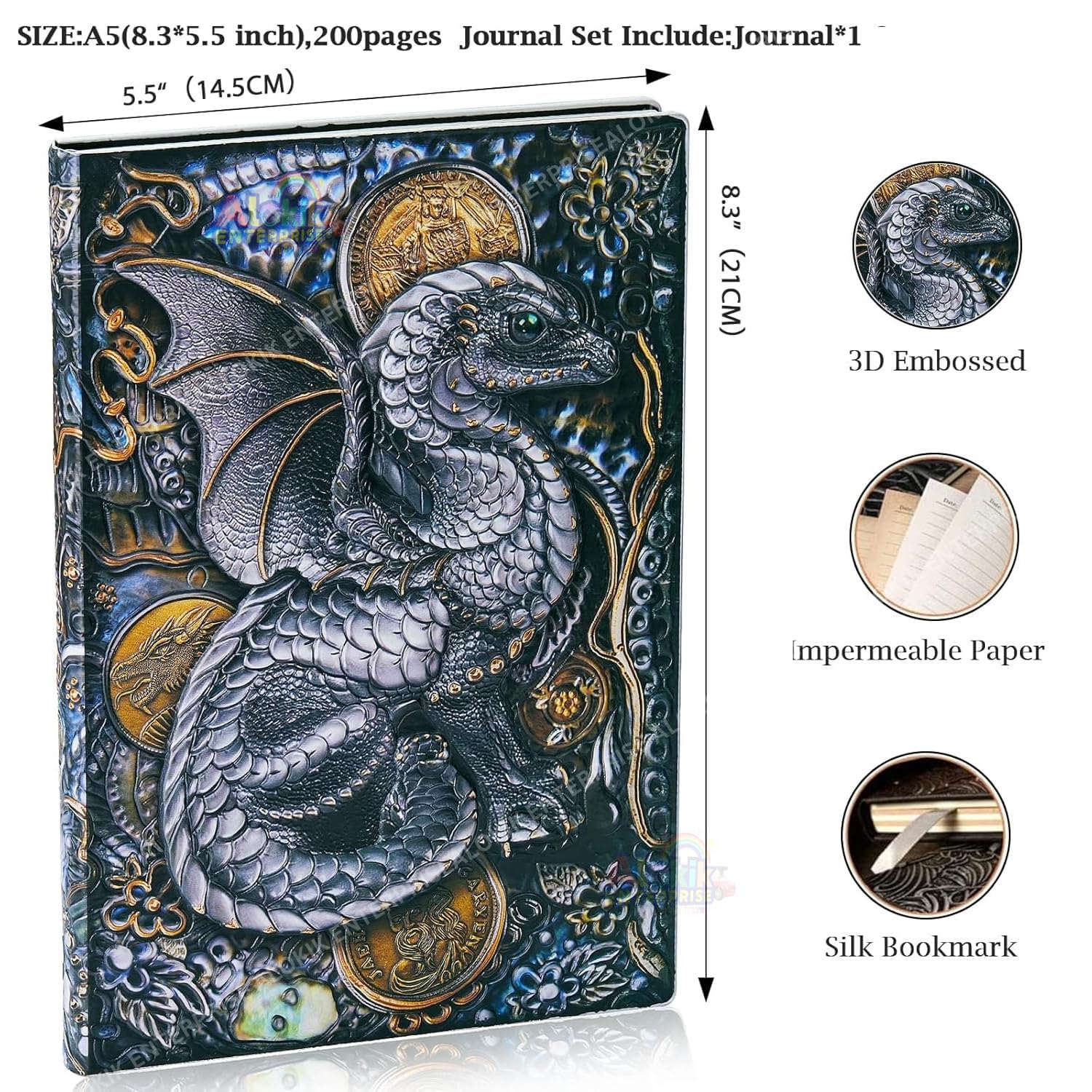 Worshiper3D Vintage Dragon DND Journal Writing Notebook,3D Dragon Embossed Leather Notebook Travel Journal With 200 Pages A5 Journal Diary Writing Valentines Anniversary Birthday Gifts for Men Women 1