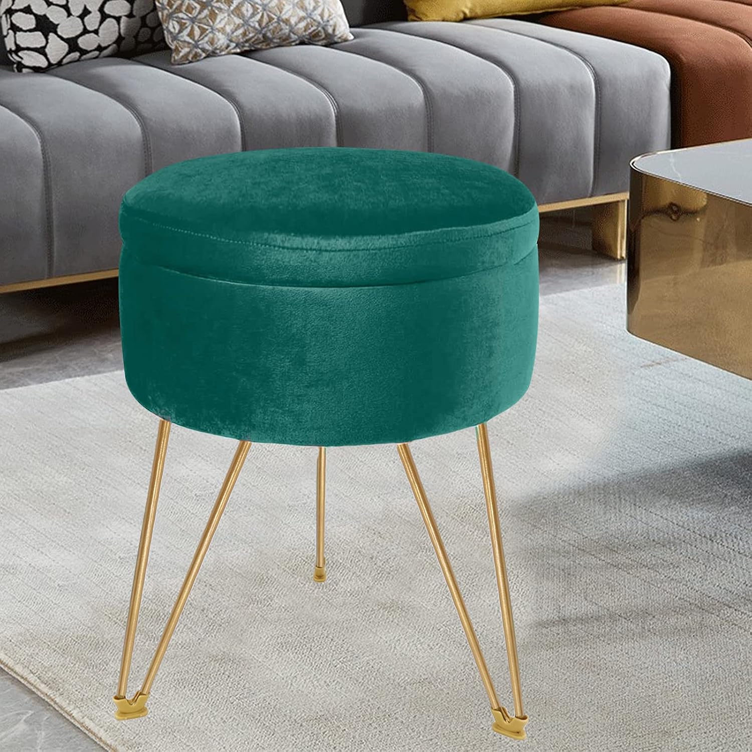 OBABA Round Storage Ottoman Vanity Stool,Velvet Footrest Chair with Removable Tray Top Coffee Table Gold Metal Legs for Living Room, Bedroom(Green)