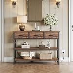 Lulive Entryway Table with Power Outlets, Console Table with 3 Fabric Drawers, Sofa Table for Living Room, Hallway, Couch, Foyer (Rustic Brown, 43") | 43.3"W x 11.8"D entry table with 2 outlets, 2 USB ports, swappable plug side, adjustable feet and a