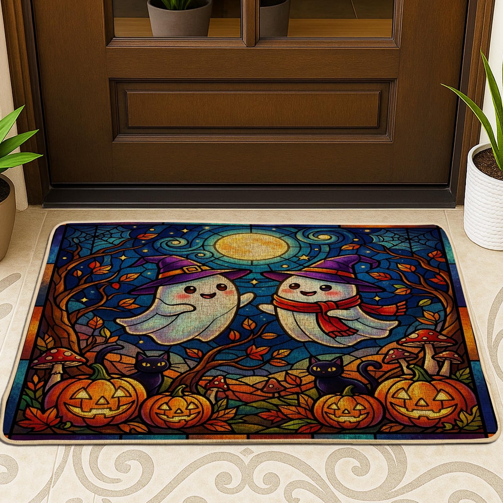 Felpudo de Halloween para entrada con diseño de fantasma y calabazas, 29x17"