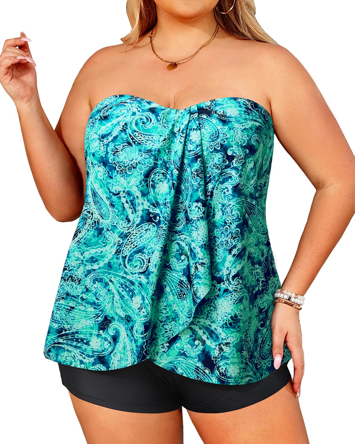 Plus Size Bandeau Tankini 2 Piece Halter Swimsuit with Shorts