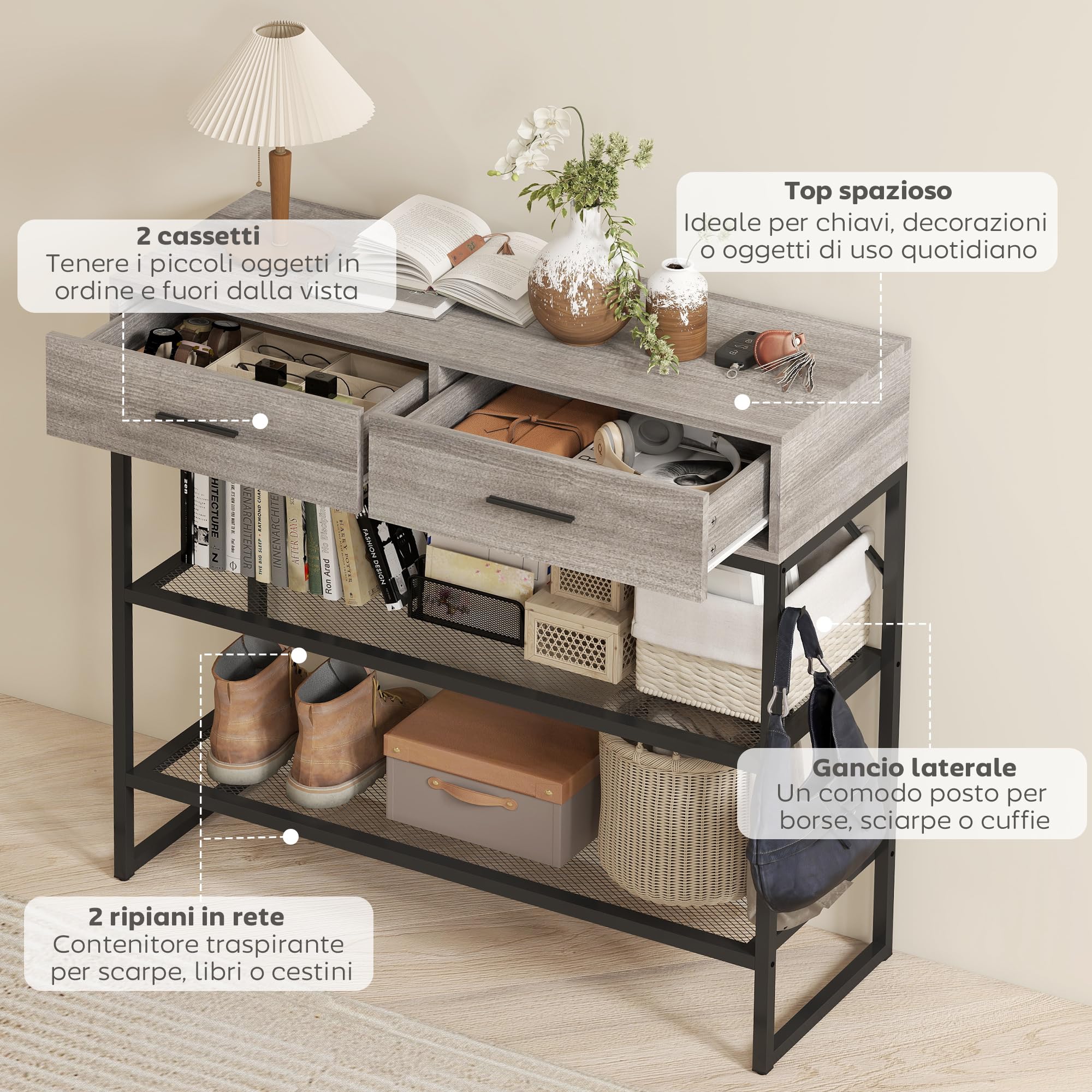 HOMCOM Consolle Ingresso con 2 Cassetti, 2 Ripiani in Rete e Gancio Laterale, Tavolo Consolle in Legno e Metallo, Tavolino Ingresso per Camera da Letto, 100x35x92 cm, Color Legno Grigio Chiaro