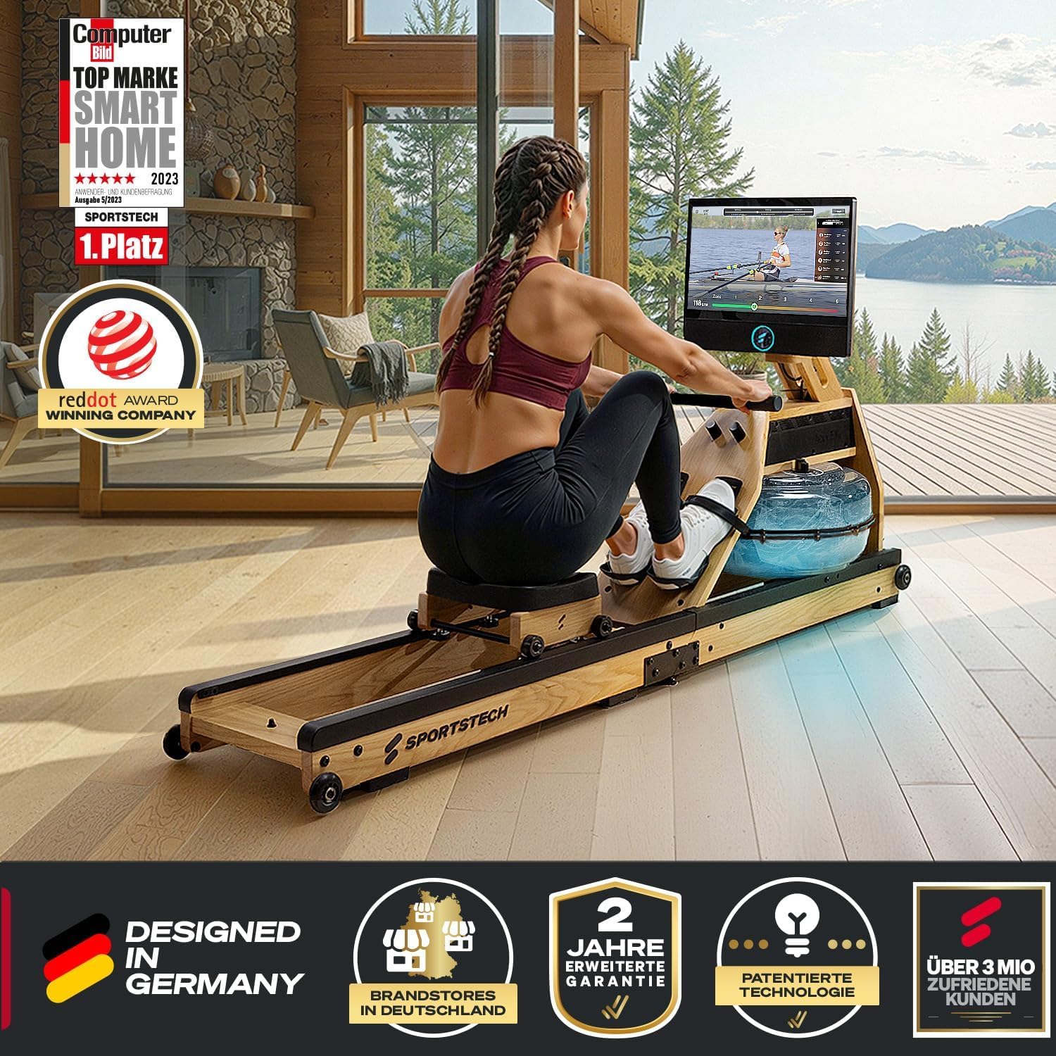 Sportstech AquaElite, Wasser Rudergerät für zu Hause, authentisches Rudererlebnis, Cardio und Ganzkörpertraining, Massivholz, klappbar, LED-Wassertank, 10,1" oder 21,5" Display mit App