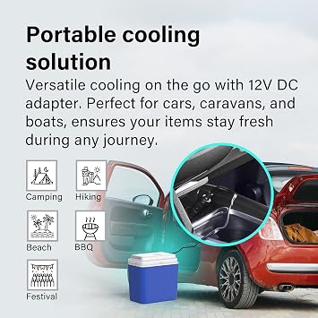 Electric Cool Box 22L – Large Portable Cooler Box Powered by 12V In-Car Socket – Ideal for Camping & Picnics – One Active Lid, One Passive Lid, Includes 2 Ice Packs