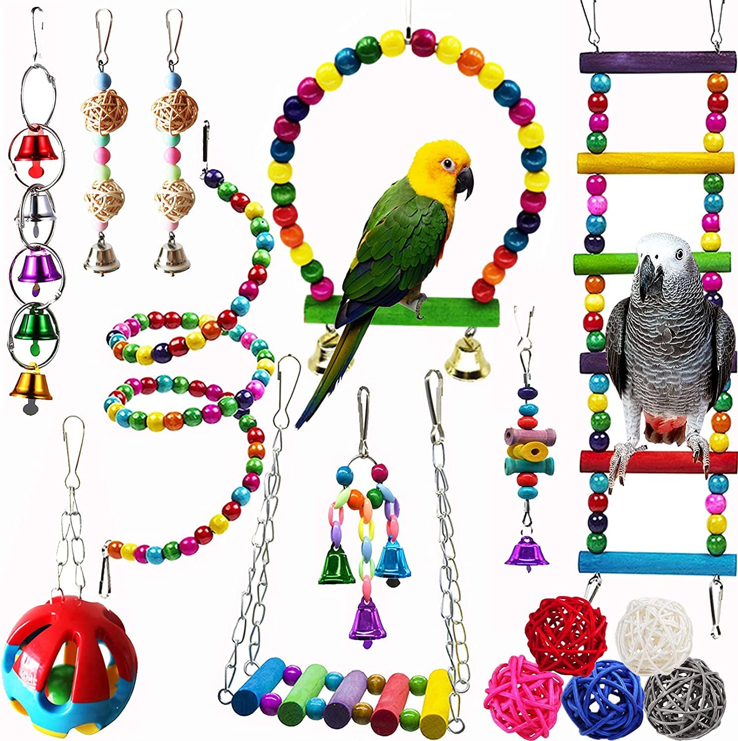 PETANGEL 15 Pcs Bird Parrot Swing Chewing Toys, Wooden Hanging Bell with Hammock Climbing Ladder Colorful Pet Birds Cage Toys for Small Parakeet Cockatiel Conures Finches Macaws Love Birds (B0BLNMK6D1) Amazon Price History, Amazon Price Tracker
