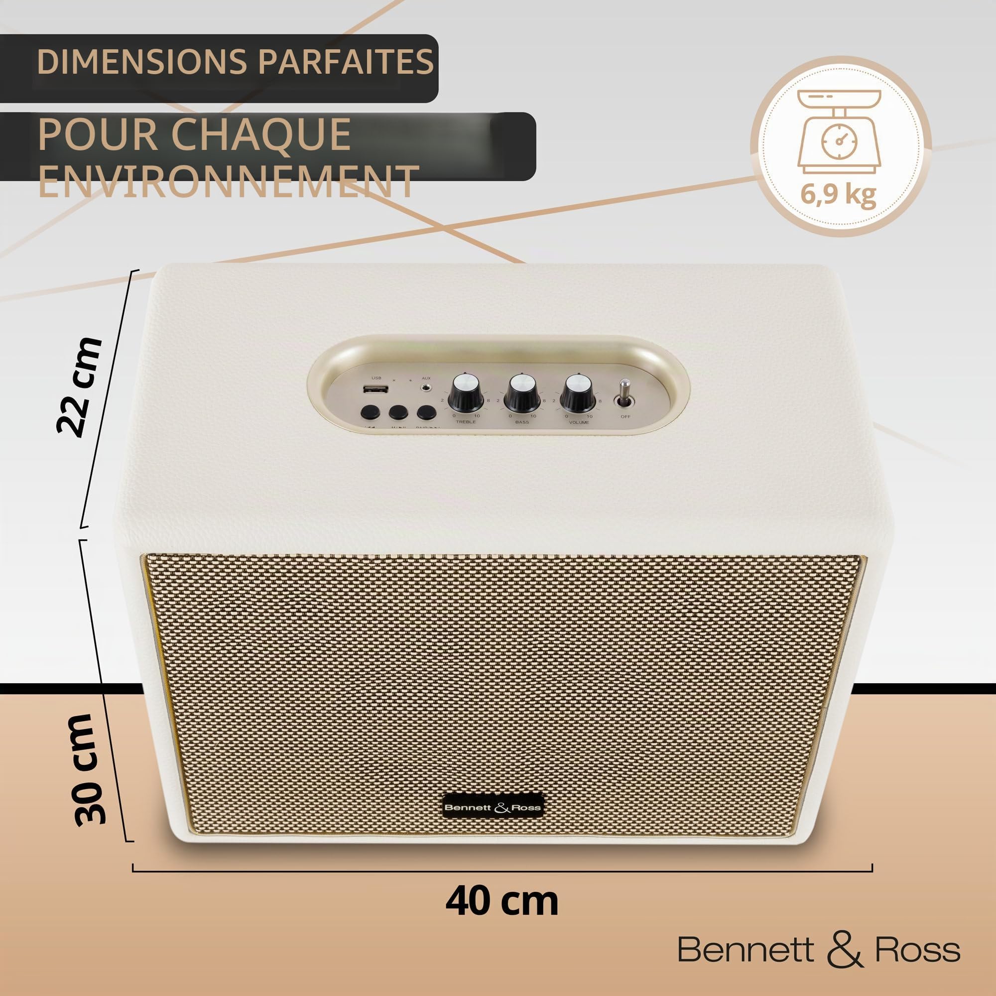 Bennett & Ross BB-880CW Blackmore Giant Haut-Parleur Bluetooth rétro en Cuir - Haut-Parleur Vintage avec 2X 40W - Speaker Entrée USB & Lecteur MP3 - Fonction stéréo True Wireless - aux - Blanc crème