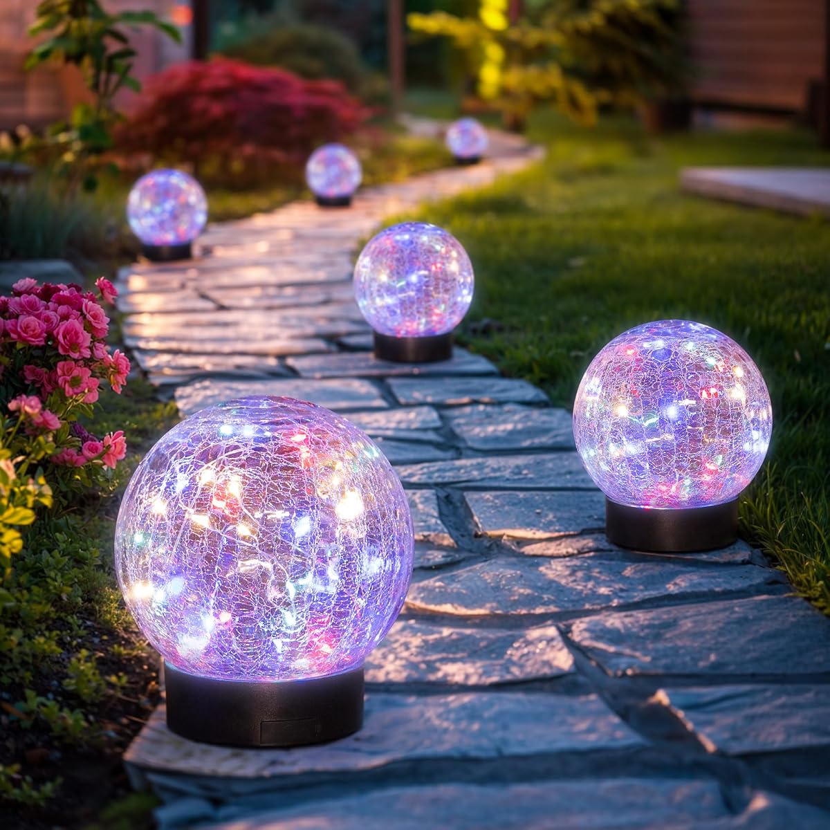 Beautyard Luces solares de globo para exteriores, gran decoración de jardín, carga USB, 4,72 pulgadas de diámetro, 40 LED, 1000 mAh, luces solares de cristal agrietado para decoración interior y exterior (4,72 pulgadas, grande, 2 unidades coloridas)