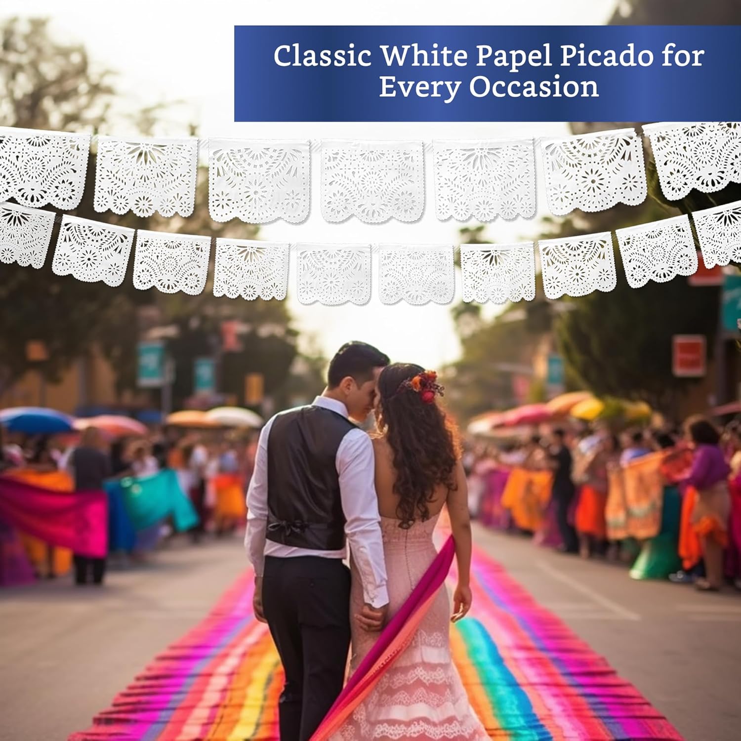 White Papel Picado Banner (5 Pack - 10 Plastic Flags per Banner) - White Mexican Banners for Parties and Weddings - Mexican Themed Party Decorations - Papel Picado Mexicano para Decoraciones